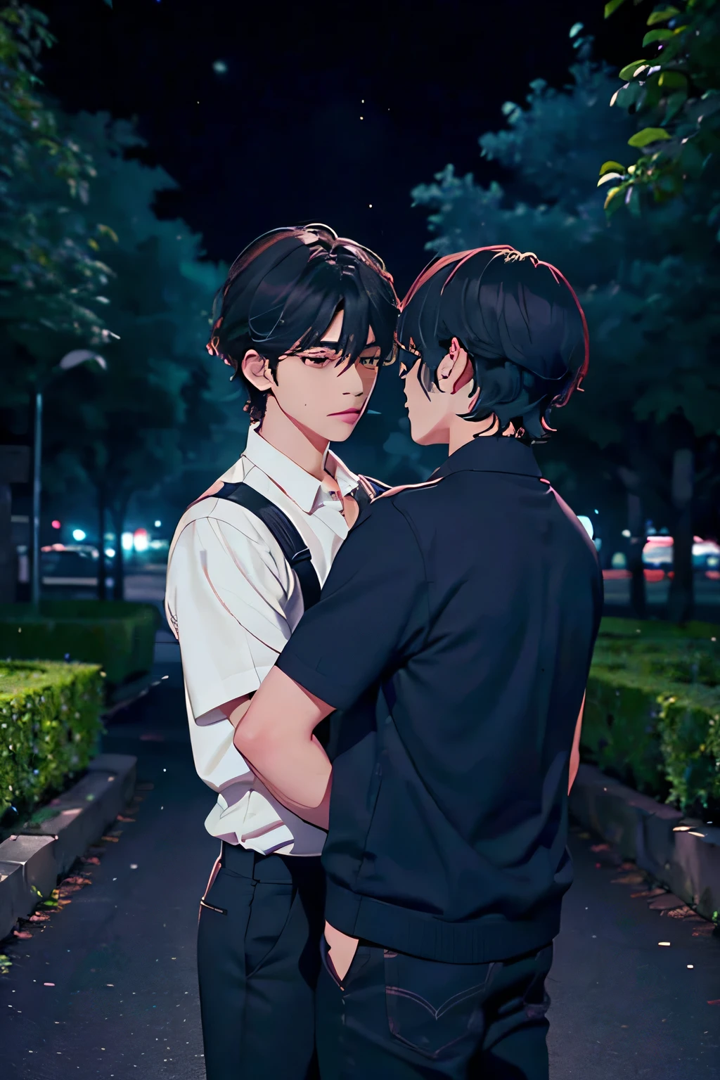 un chico parecido a kim taehyung de bts, que se encuentre en un parque imensamente grande, It is surrounded by trees and plants, but only the focus is on him.., he'Es de noche y'It's all dark but a light post focuses on it., que el este de cerca en la foto, que se vea que tiene agarrado del brazo a un chico, ese chico tiene el cabello negro y esta vestido casualmente con una camara colgado por su cuello, he seems like they are about to fight, son desconocidos