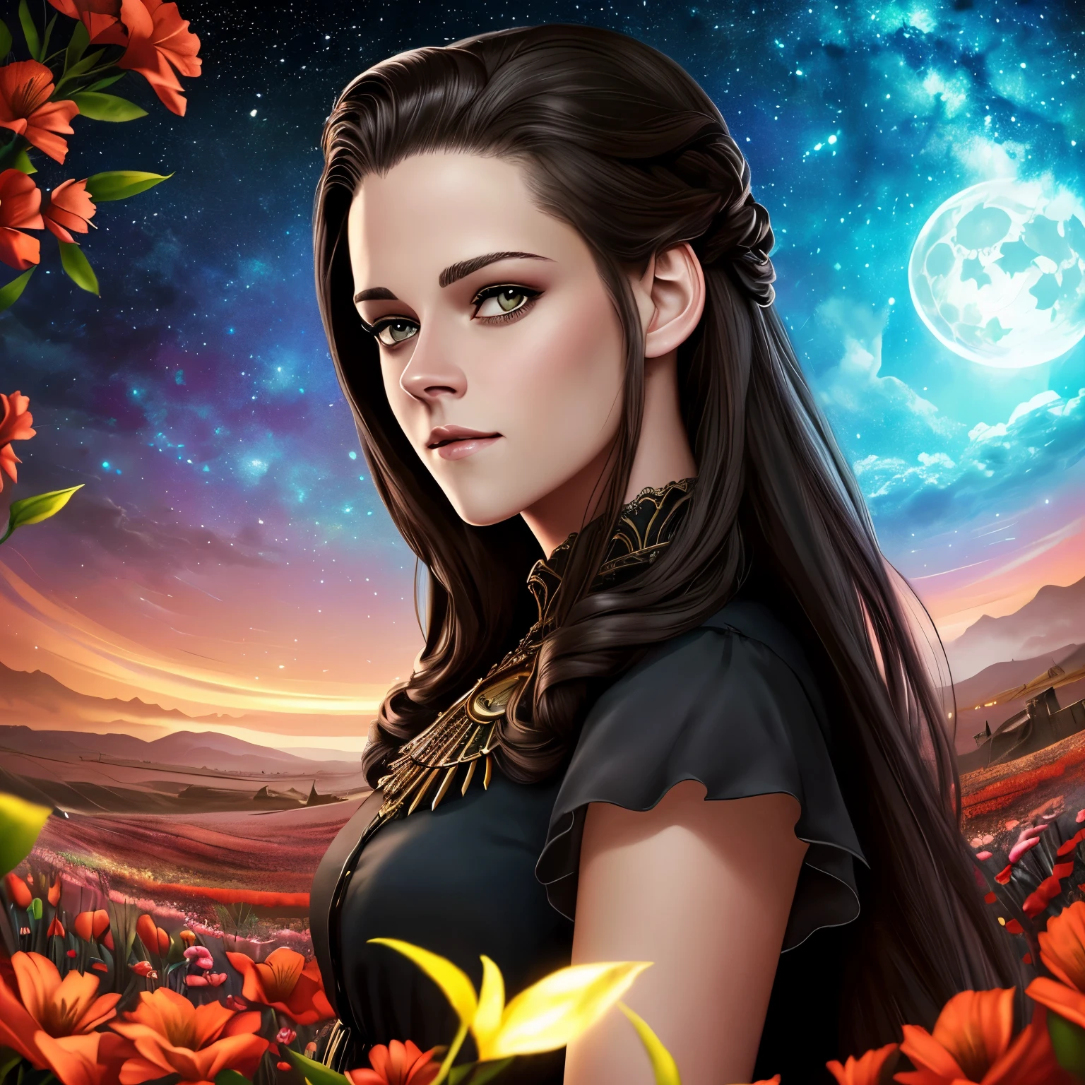 ((meio retrato))), (((there Kristen Stewart is 30 years old she is wearing a costume medieval gothic dress black the expression: Smiling she stands in a field of flowers))), (((Large red moon visible in the sky))), (((Amazing galaxy visible from background))), (((and at night))), cute digital illustration, adorable digital painting, pintura realista da bonito, retrato bonito da arte da fantasia, retrato bonito da fantasia, bela arte digital, stunning digital illustration, a beautiful art illustration, Nice digital painting, lindo pintura digital, retrato da arte da fantasia, bela arte digital, (((ela tem brincos pretos))), (((cores vivas))), contorno detalhada, realista, (Cor deslumbrante, pele bronzeada, Cinematic lighting, cores vivas,