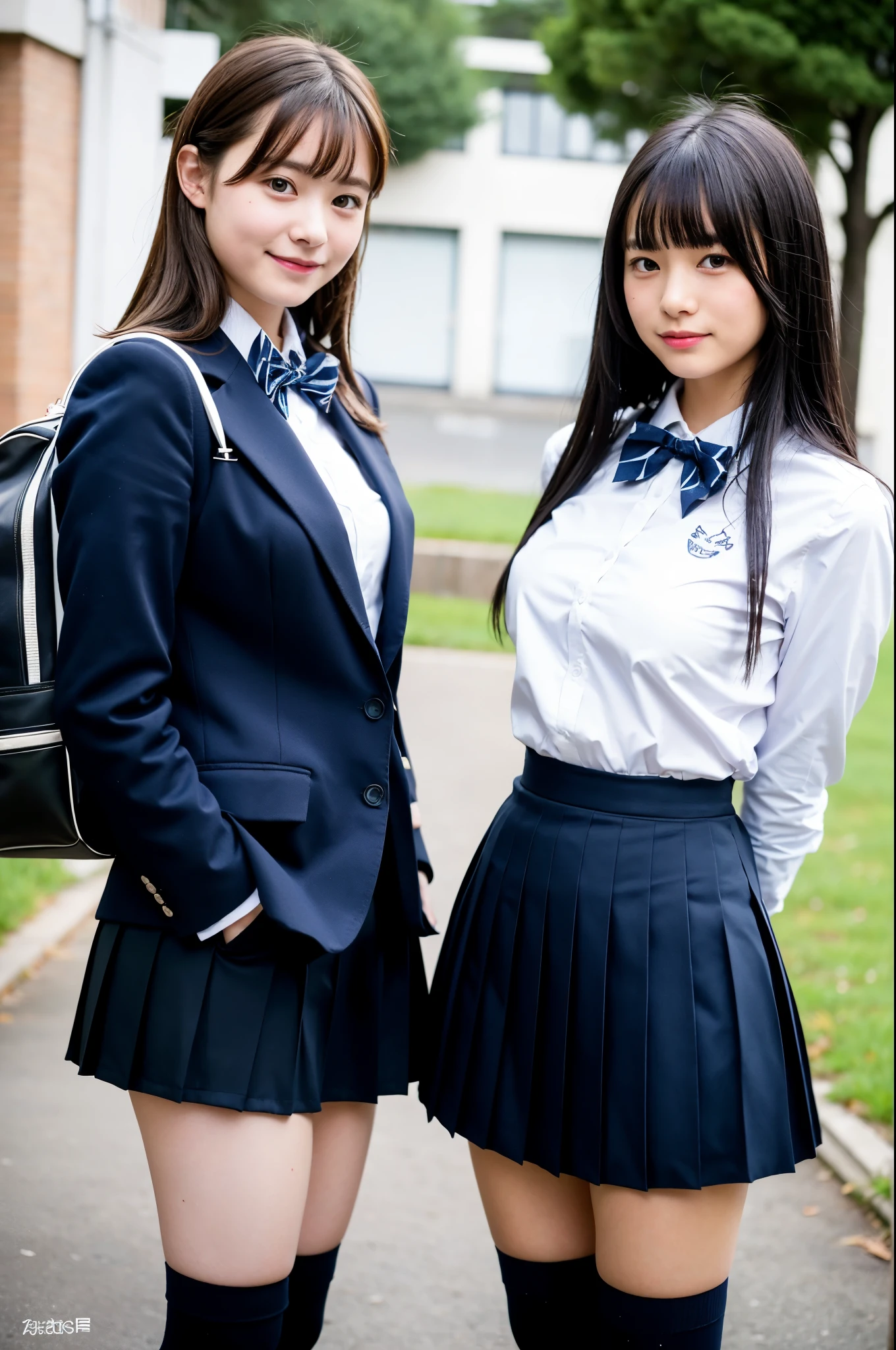 2 girls standing in school yard,navy blue blazer,white shirt with bow tie,navy blue pleated skirt,navy blue knee-high socks,school bag,18-year-old,bangs,a little smile,thighs,knees,straight hair with barrette,from below,front-light