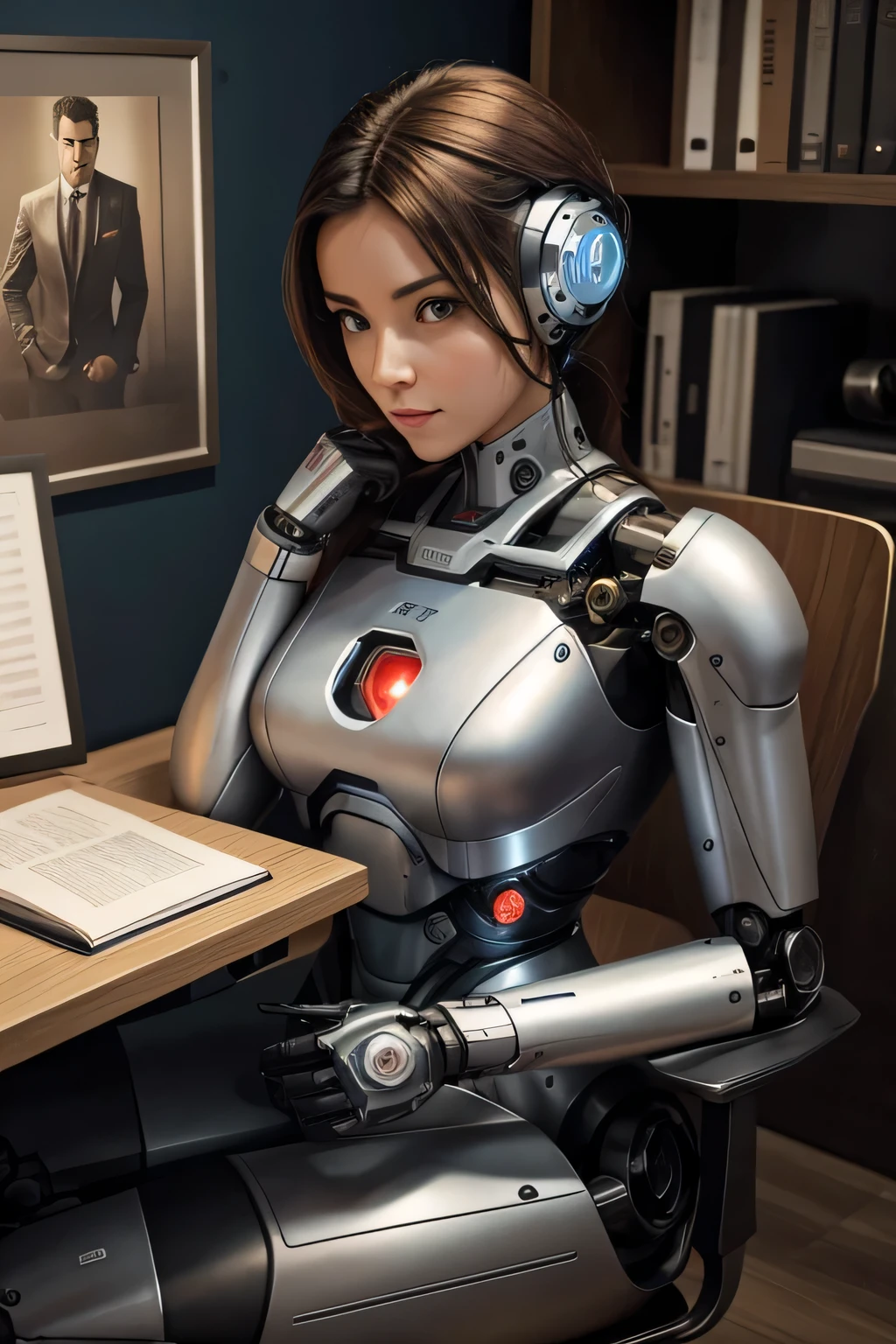 female robot Machine body There's a desk next to me、There is a photo of a man attached.