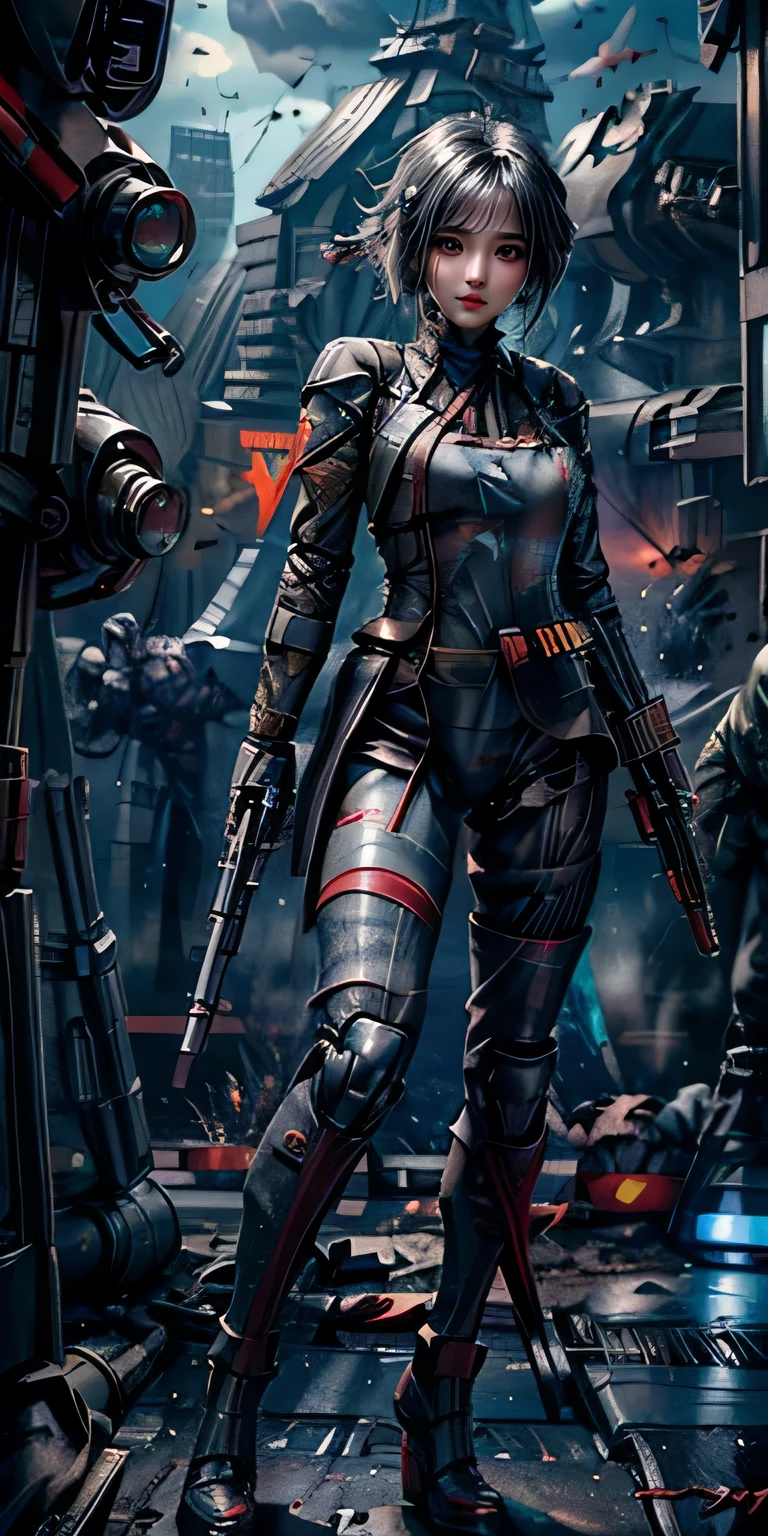 Highly detailed CG Unity 16k wallpaper, (RAW photo, cyber punk:1.3), SF, (realistic, highest quality, masterpiece:1.2), (correct anatomy:1.5), throw, (from before:1.4), (from the blow:1.1), dynamic angle, 1 girl, ((female soldier with mechanized body:1.4)), alone, ((full body shot:1.2)), purple hair, short hair, pretty fine skin, tan, realistic and bright eyes, highly detailed nose and lips, Expressionless, ((Black and red body armor, (((Flight, Can store one large blaster rifle:1.3))), thin, Medium chest, (((outdoor, daytime, Future City, battlefield, gun fight:1.5))), cinematic lighting, professional photos, Depth of written boundary, sharp focus, highest resolution, ultra high resolution、ghost in the shell、cyber punkな夜景、beautiful asian face、full body portrait、long legs、Stand