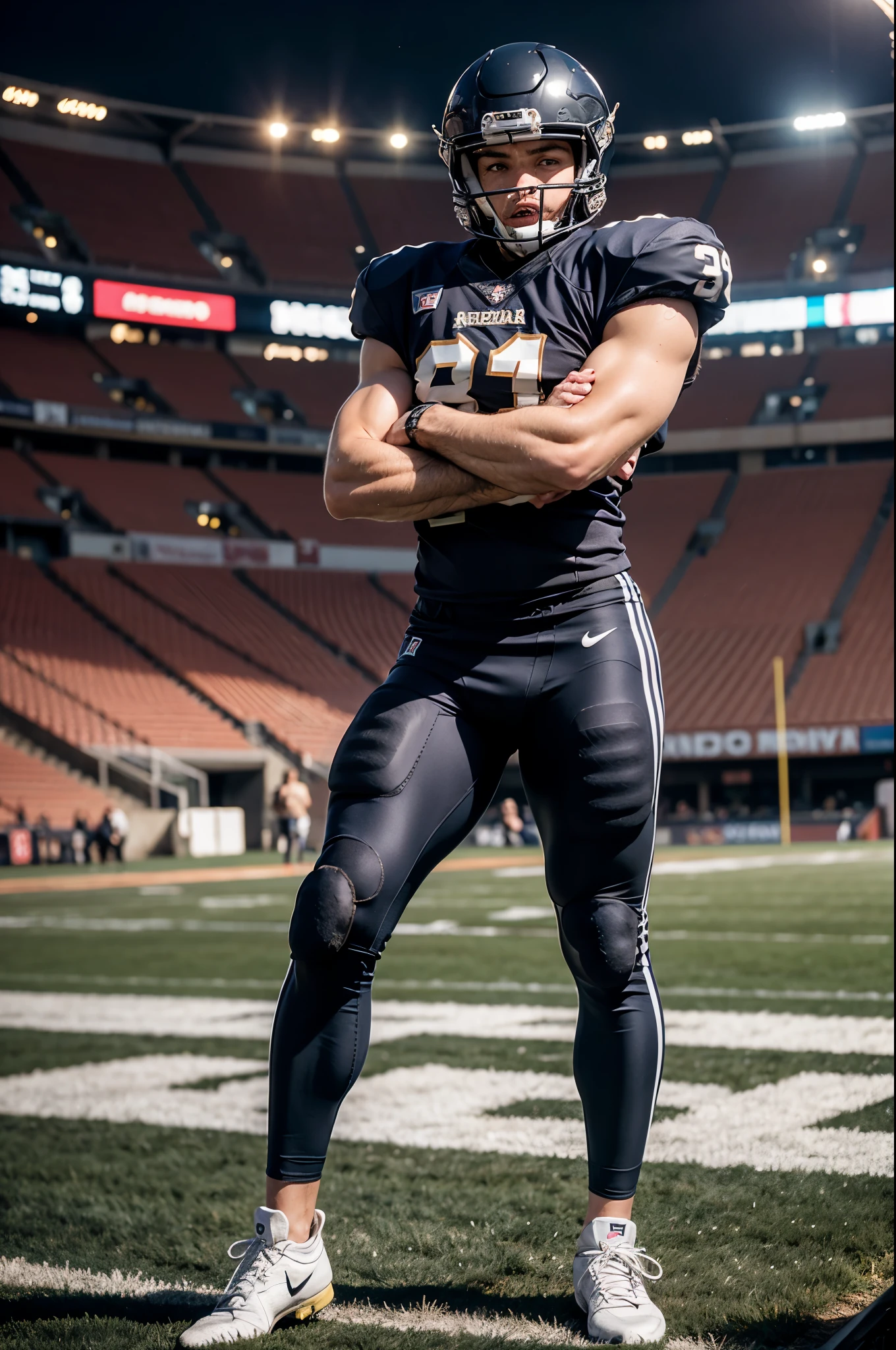 Full body, Professional photo, muscular man, American football uniform, posing at stadium, eye contact, looking at viewer, masterpiece, best quality, perfect detail, perfect face detail, perfect eye detail, perfect skin detail, depth of field, perfect lighting