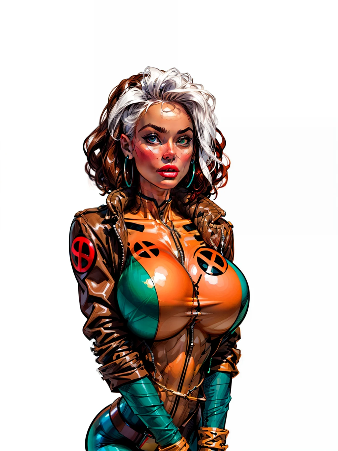 (aletta ocean face:1.2), (curly hair), ((masterpiece)),(((best quality))),((character design)), ((rogue)), x-men superhero, (perfect anatomy), ((full body view)) mature face, (brown and white hair),((spandex:1.4)), (((biker jacket))), defined cheekbones, high cheekbones, illustration, muscular, sexy bimbo, (gigantic breasts:1.7) white hair bangs, ((detailed face:1.4)) ((official artwork)), clean lineart, beautiful woman, (Caucasian:1.4) (white skin:1.4) , (red lipstick:1.4), shiny skin, (puffy lips:1.4) , pose, 8k,16k, (simple background, white background: 1.3) ((cool color palette)), ((cyberpunk aesthetic))