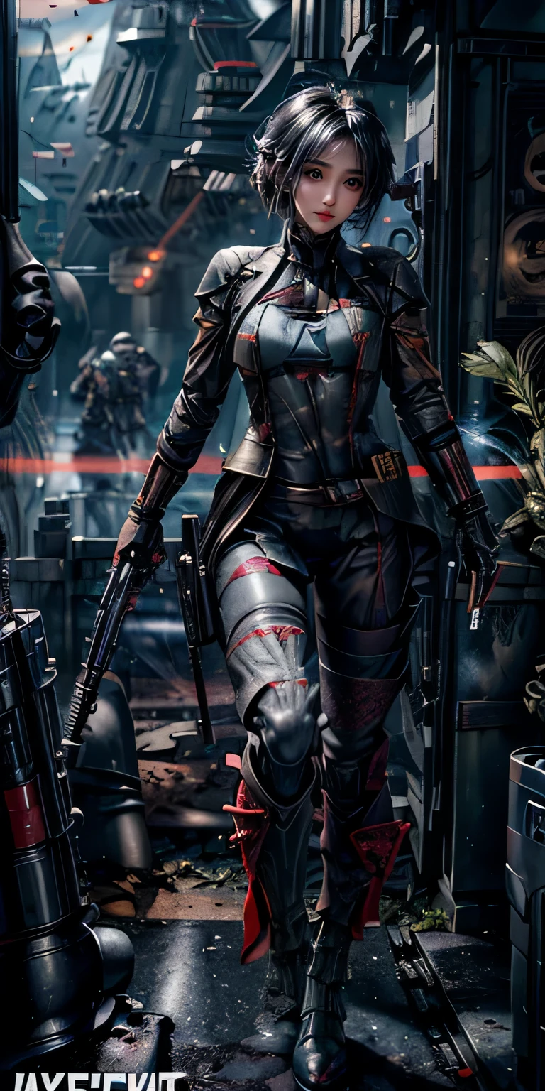 Highly detailed CG Unity 16k wallpaper, (RAW photo, cyber punk:1.3), SF, (realistic, highest quality, masterpiece:1.2), (correct anatomy:1.5), throw, (from before:1.4), (from the blow:1.1), dynamic angle, 1 girl, ((female soldier with mechanized body:1.4)), alone, ((full body shot:1.2)), purple hair, short hair, pretty fine skin, tan, realistic and bright eyes, highly detailed nose and lips, Expressionless, ((Black and red body armor, (((Flight, Can store one large blaster rifle:1.3))), thin, Medium chest, (((outdoor, daytime, Future City, battlefield, gun fight:1.5))), cinematic lighting, professional photos, Depth of written boundary, sharp focus, highest resolution, ultra high resolution、ghost in the shell、cyber punkな夜景、beautiful asian face、full body portrait、long legs、Stand