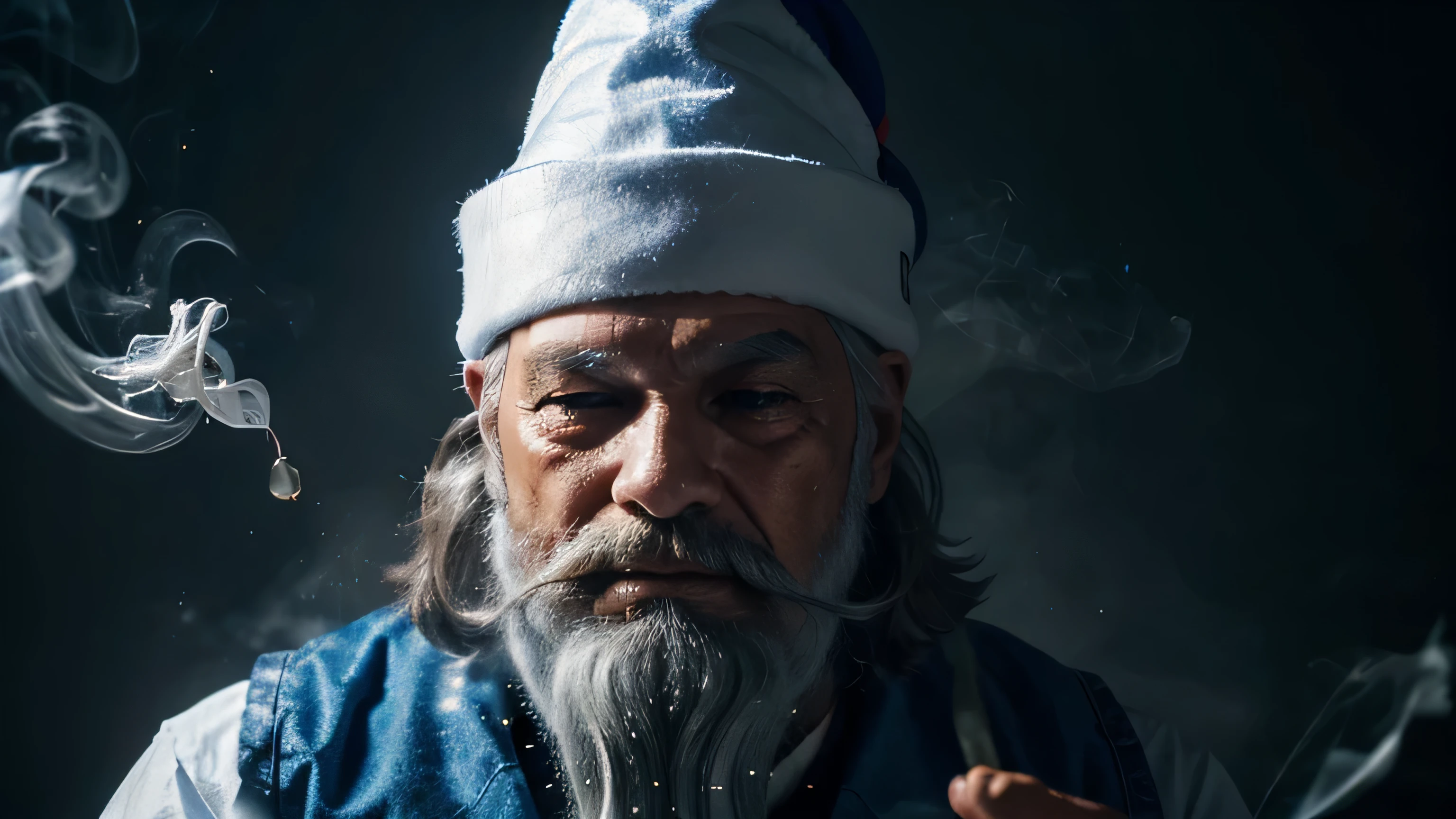 Magical old man with a white beard, smoking weed in a wizard's hat and magical smoky particles around him, cinematic high quality focal lens, magic blue particles