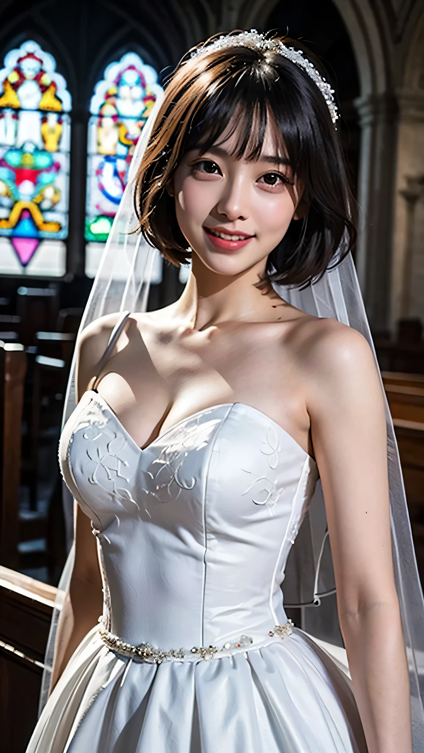 (Highest quality,masterpiece:1.3,Ultra-high resolution),(Very detailed,8K),(Realistic:1.4,RAW shooting)。Blurred Background、The best smile。A cute, petite 20-year-old woman、Short hairstyle、Plump figure。She is completely naked。Nipples are visible。Wedding Veil。Wedding Gloves。(((Holding a bouquet in both hands)))。Big Necklace。belly button。Sexy panties。Stand in the Church。