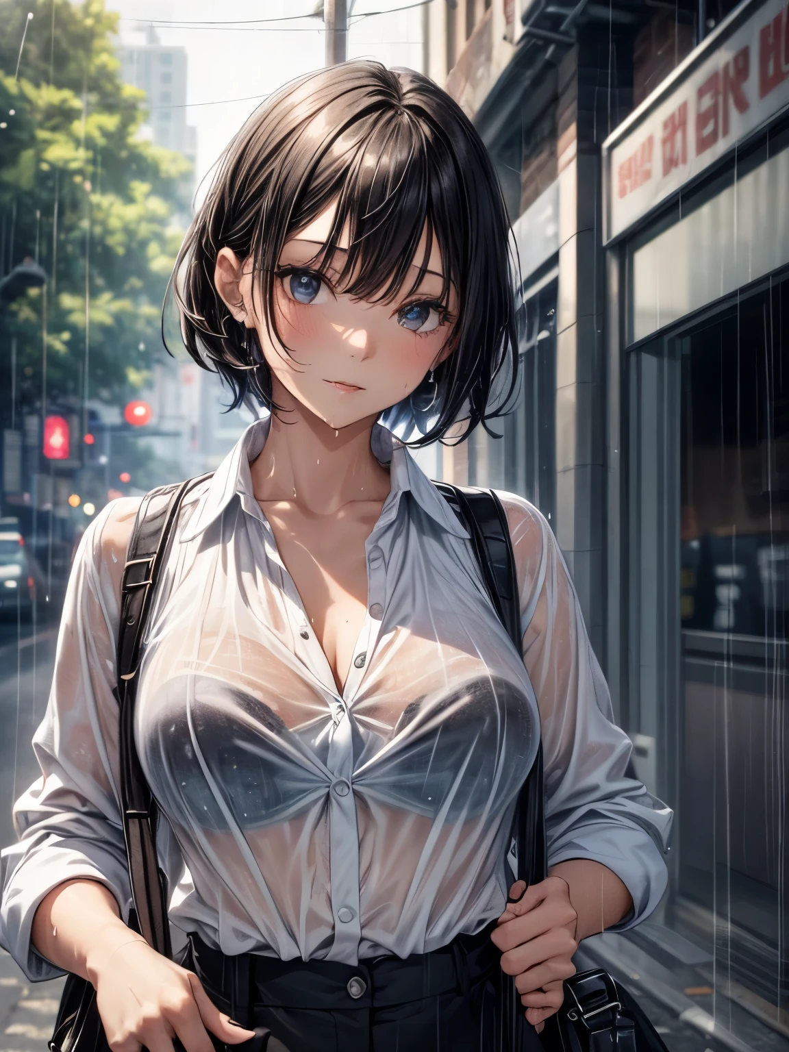 highest quality、complete limbs、full finger、a beautiful human woman、((black haired woman:1.4))、very short hair、big breasted woman:1.6、(A woman wearing a white collared Y-shirt)、A woman wearing a black pencil skirt、sad smile、street tree、((it's raining:1.3))、wet texture、((Y-shirt is wet))、((Black bra shows through))、hands on hips
