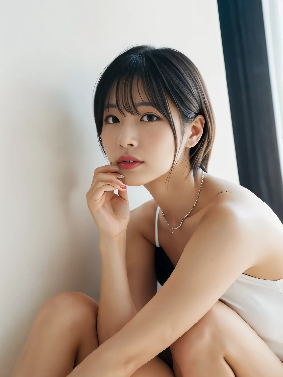 ((masutepiece,top-quality)), (photographrealistic:1.4),(((masutepiece,8K)),white wall,(white room),((full body photo))),shot in natural light,highly detailed face and skin texture,highly detailed lips,correct state of the human body,Superhigh resolution, 38 years old, s, 60mm lens, Light beige sweat,(medium hair),Japanese woman,(black hair),natural lip color, necklace