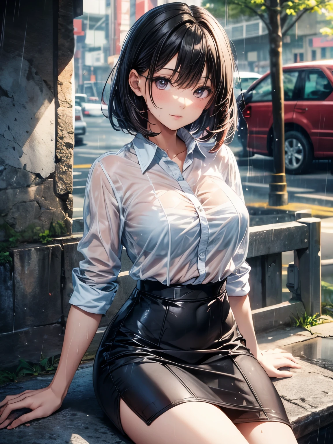 highest quality、complete limbs、full finger、a beautiful human woman、((black haired woman:1.4))、very short hair、big breasted woman:1.6、(A woman wearing a white collared Y-shirt)、A woman wearing a black pencil skirt、sad smile、street tree、((it&#39;s raining:1.3))、wet texture、((Y-shirt is wet))、((You can see through her pink bra))、sit on a bench