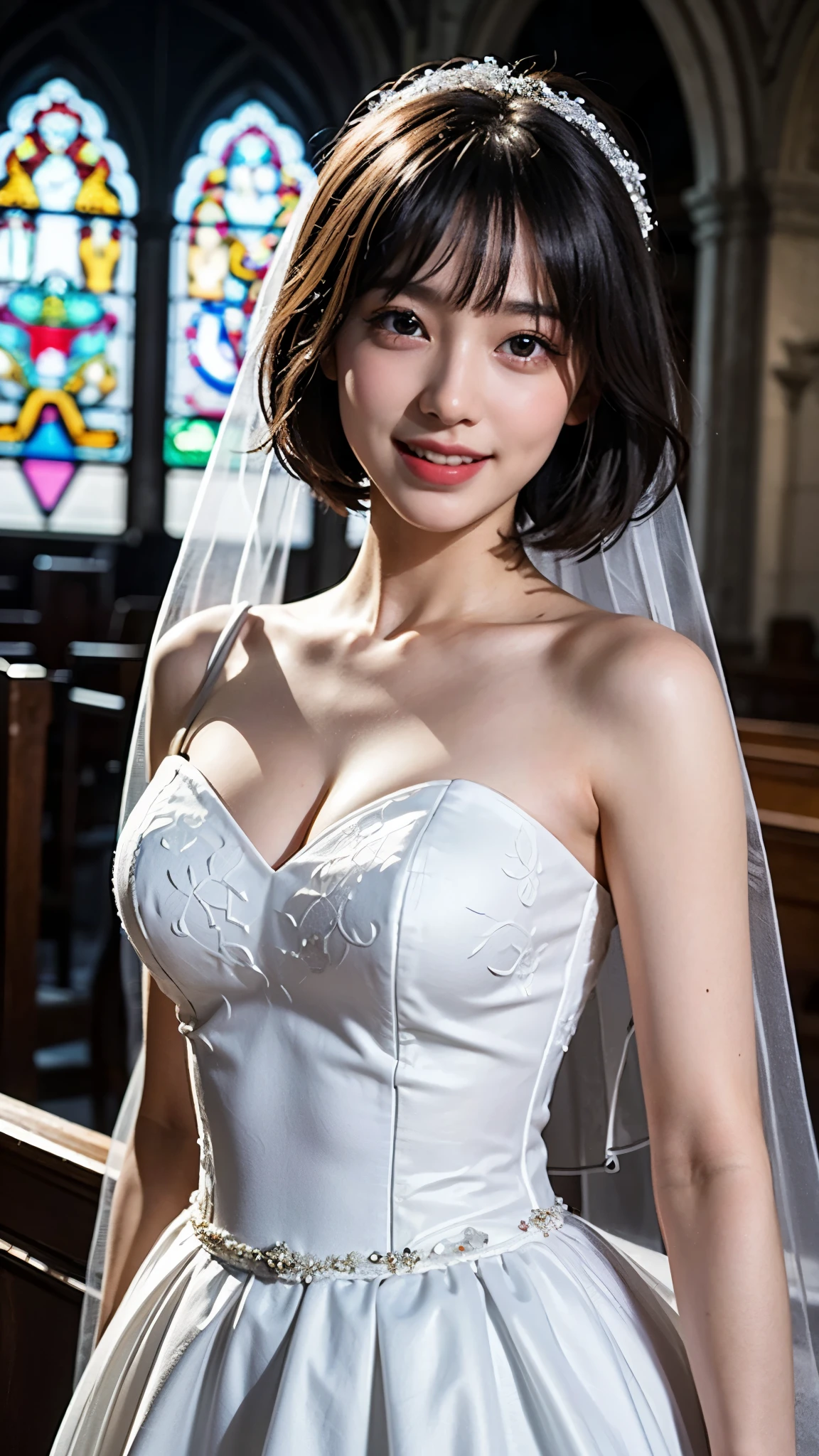 Photograph of a woman herself, one young girl, double eyelids, (big: 1.2), sexy bride, (pure white wedding dress, wedding veil)), (deep slit: 1.2), (smile: 1.1), off-shoulder, (in church)), cleavage cutout, (selfie), (sideboob), (portrait), (bob cut), ( close to viewer)、(strong light)