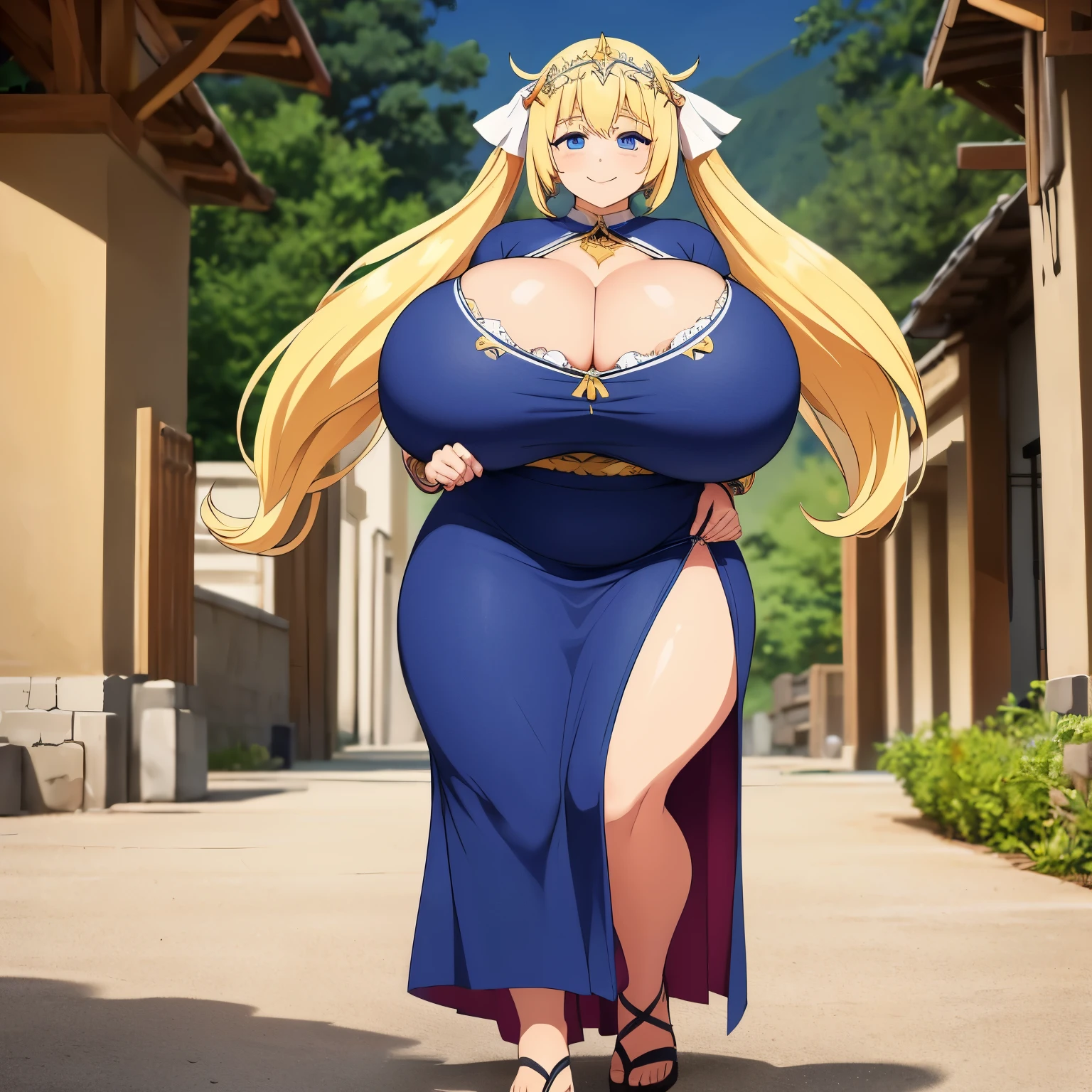 rl,solo,(gigantic breasts:1.3),thick thighs,huge thighs,wide hips,skindentation,twin tails,blonde hair,smile,happylips,plump, long dress, skirt, priestess, long skirt,, walking, full body, flipflops, bra, veil, dress,traditional clothing