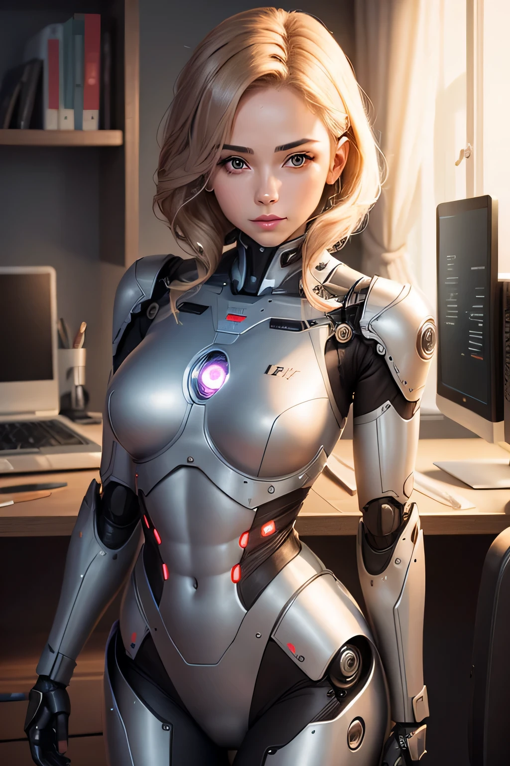 female robot　Machine body　There&#39;s a desk next to me、There is a photo of a man attached.