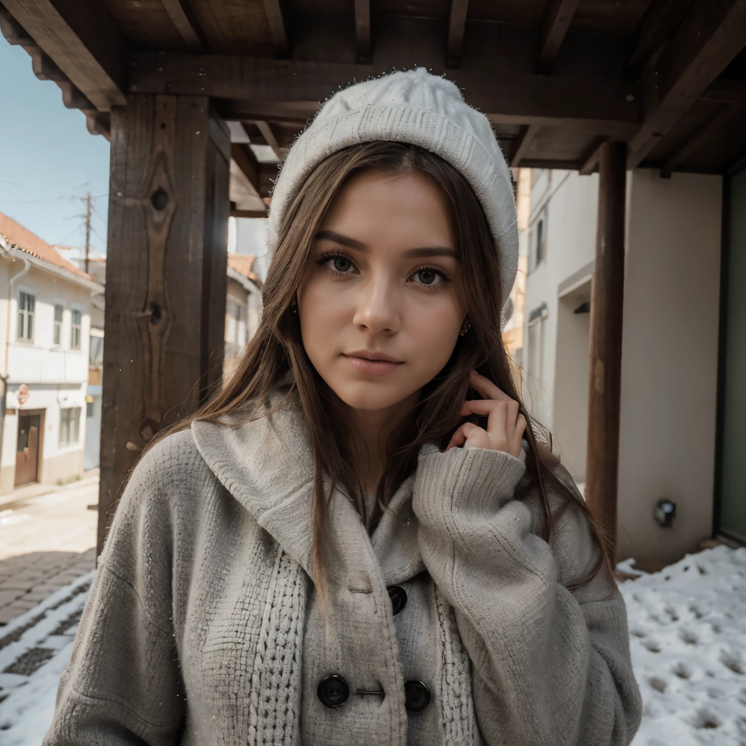 fotografia de retrato profissional de uma linda  norueguesa em roupas de inverno com longos cabelos loiros ondulados, olhar sensual de paquera, beautiful symmetrical face, maquiagem natural bonito, wearing elegante warm winter fashion clothing, ((Do lado de fora na rua nevada da cidade)), deslumbrante ambiente urbano moderno, ultra realista, arte conceitual, elegante, altamente detalhado, Intricado, sharp focus, profundidade de campo, f/1. 8, 85mm, medium shot, tiro no meio, (((professional color grading))), luz difusa suave e brilhante, (volumetric fog)