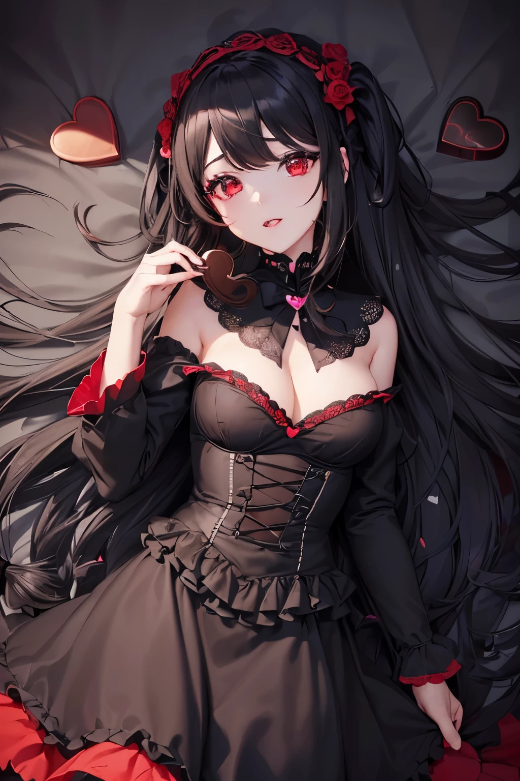 1girl,sense of deps,disorganized,catch light,Super beautiful illustrations,(((chocolate,heart-shaped))),valentine&#39;s day,((black color,long hairstyles:1.3)),dark dark eyeshadow,(((4K,super beautiful,In detail,red eyes))),Expressionless,bright red lipstick,gothic lolita,;D,beautiful and delicate hair,emphasize the chest