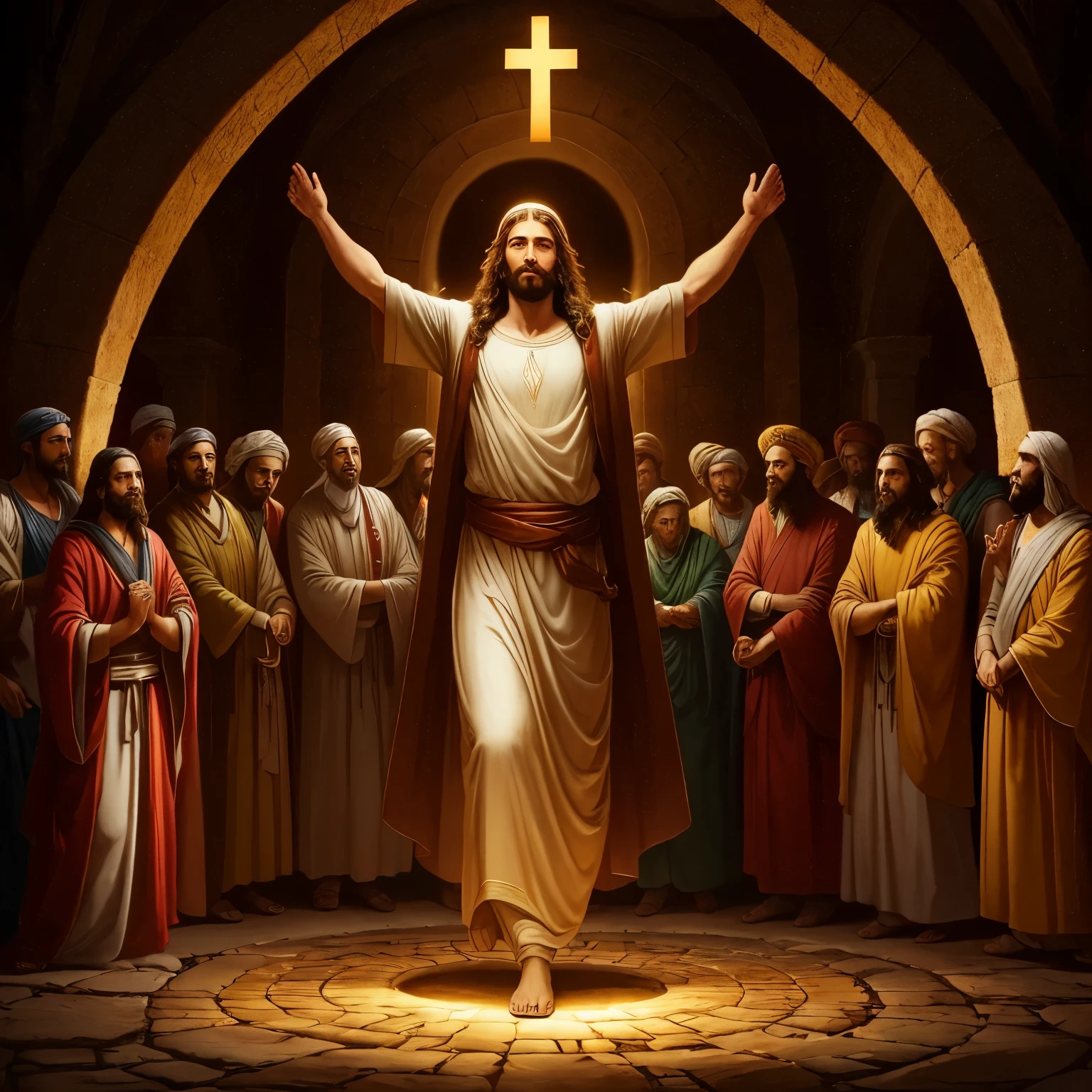 A realistic depiction of Jesus Christ in a scene of generosity and abundance, with His arms wide open, welcoming all who seek Him in search of salvation and prosperity. Surrounding Him, an exuberant landscape comes to life, symbolizing the promise of a full and abundant life that He offers. Radiant beams of light emanate from His figure, illuminating the path of those who follow His message of love and redemption. In His words, there is the promise of eternal salvation and guidance for a prosperous life, not just in material wealth, but also in inner peace, harmony, and spiritual fulfillment. This high-definition, hyper-realistic image is rendered in stunning