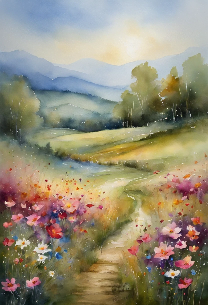 Beautiful scenery of cosmos field、superior image quality、best qualtiy、Beautiful colors、Natural light environment、Soft camera work、Soft shades、evening glow、Calm atmosphere、Elegant atmosphere、Dancing of petals、blue open sky、Gentle breeze、Happy feeling、Rich natural environment、Beautiful light expression。
