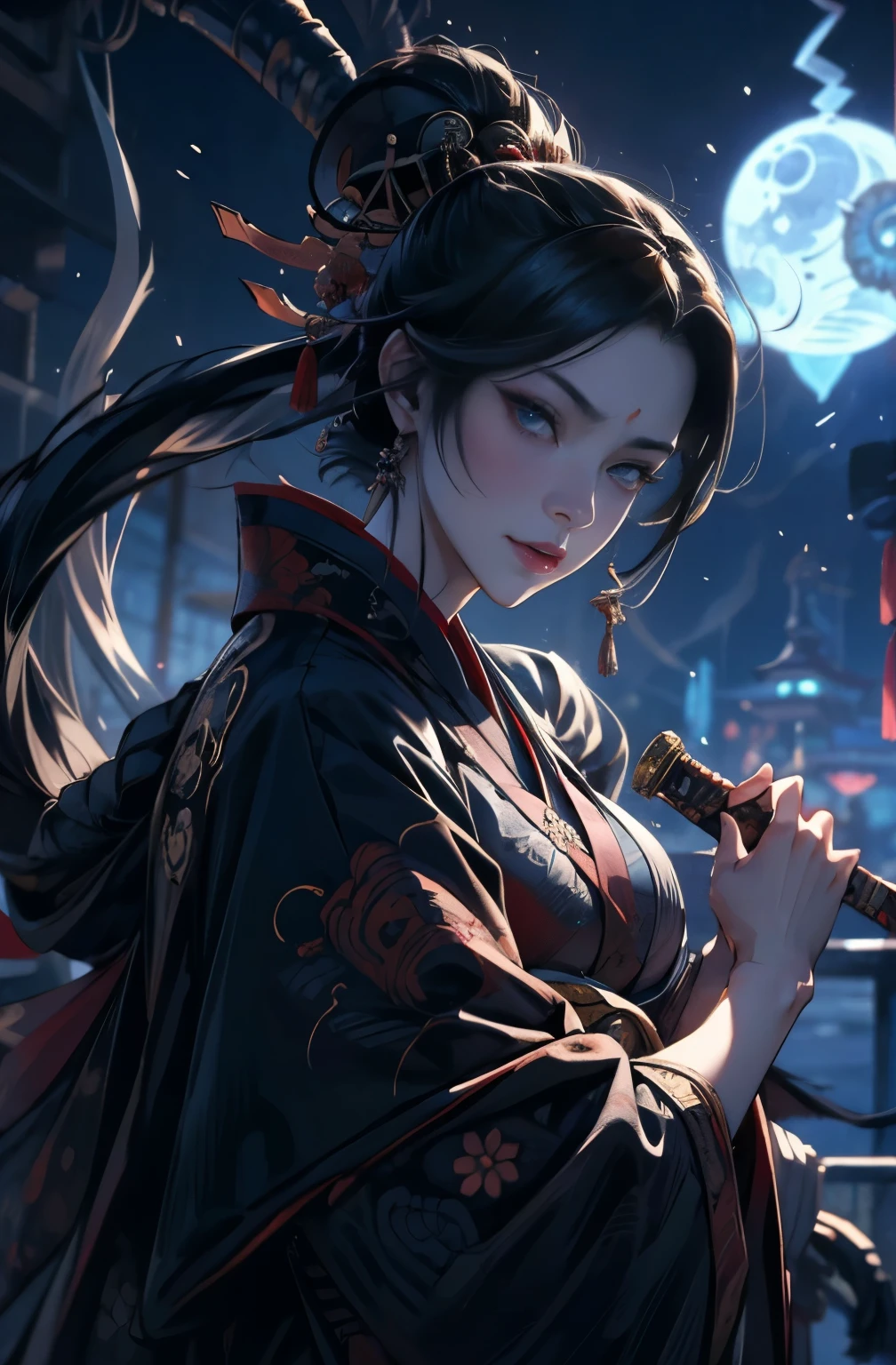 composition,(intricate details,hyper detail:1.2),ultra photorealisticim, Actions are impermanent, Muromachi Emaki, Muromachi Fantasy, Ink painting style, The capital of Kyoto, The rampant excitement, mysterious, hour of dusk, very beautiful demon picture, Japanese swordを持った鬼の女, Japanese swordを持った鬼の女, strong female samurai, A skilled swordsman, female bodyguard, 2book corner, mouth with fangs, Eyes without pupils, gambling, Kumatori, Hyakka Ryōran, Flower of Shura, Looks like he's in his late 20s, beautiful black haired demon, Japanese sword, Japanese sword菊一文字, Japanese swordを持った, sharp beauty, Beautiful red kimono, Dr. Moonlight, Oiran, highest ranking woman, Ghost Girl, Female Yakuza, Doji Ibaraki, Shuten Douji, Inspired by Chen Yifei, Inspired by Francesco Hayez, Inspired by Hendrik Terbruggen, Jean=Works that influenced Auguste Dominique Ingres, Inspired by Liu Jun, Jean=Works that influenced Auguste Dominique Ingres, highest quality, perfect angle, perfect composition, The perfect subject, best shot, official art, cinematic light, figurative art, Beautiful and expressive paintings, Beautiful artwork illustration, wonderful, cool beauty, clear, Mysterious, highest quality, official art, perfect composition, perfect angle, best shot, women only, sharp outline, pretty much beautiful face, The demon lurking in the darkness of Kyoto, Lord of Chimi-Mourou, A ruthless demon woman, demon queen, Female Yakuza, full body tattoo, wide, Rashomon, SakuraFubuki, woman's asura, spirits, phantom, Turbulent Snow Moon Flower, Please refrain from, I'll let you die, raid, woman's asura, spirits, Hero, divine power, demon of strength, demon's strength, Demon of Vengeance, Shura Road, raid, cut off humanity
