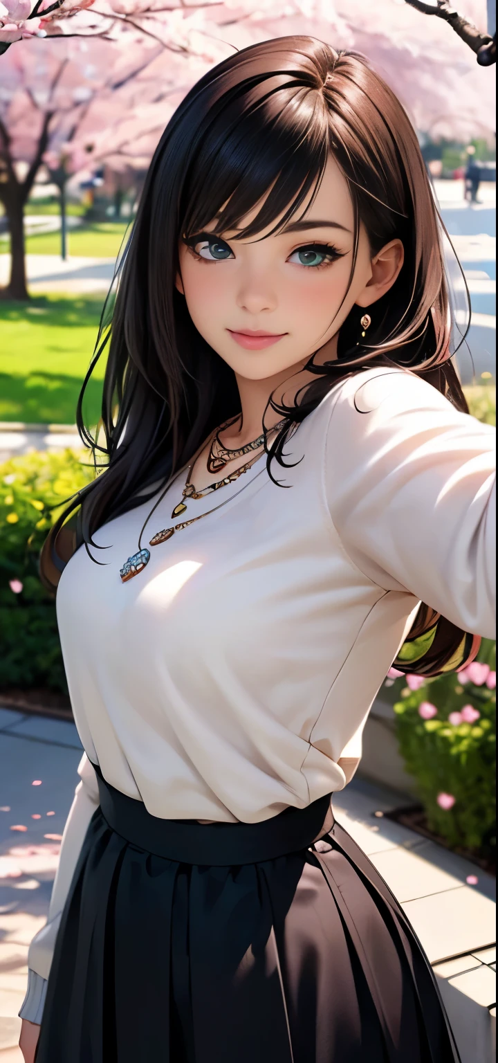 ((table top, highest quality, High resolution, nffsw, perfect pixel, written boundary depth, 4K, nffsw, nffsw))), 1 girl, single, alone, beautiful anime girl, beautiful art style, anime character, ((long hair, bangs, brown hair)), ((green eyes:1.4, round eyes, beautiful eyelashes, realistic eyes)), ((detailed face, blush:1.2)), ((smooth texture:0.75, realistic texture:0.65, realistic:1.1, Anime CG style)), dynamic angle, ((throw, Selfie Pose, portrait)), ((pink sweater, long sleeve, black skirt, plaid skirt, Fashionable, 1 diamond necklace)), smile, amusement park, ((cherry blossoms, cherry blossomsの花が散る))