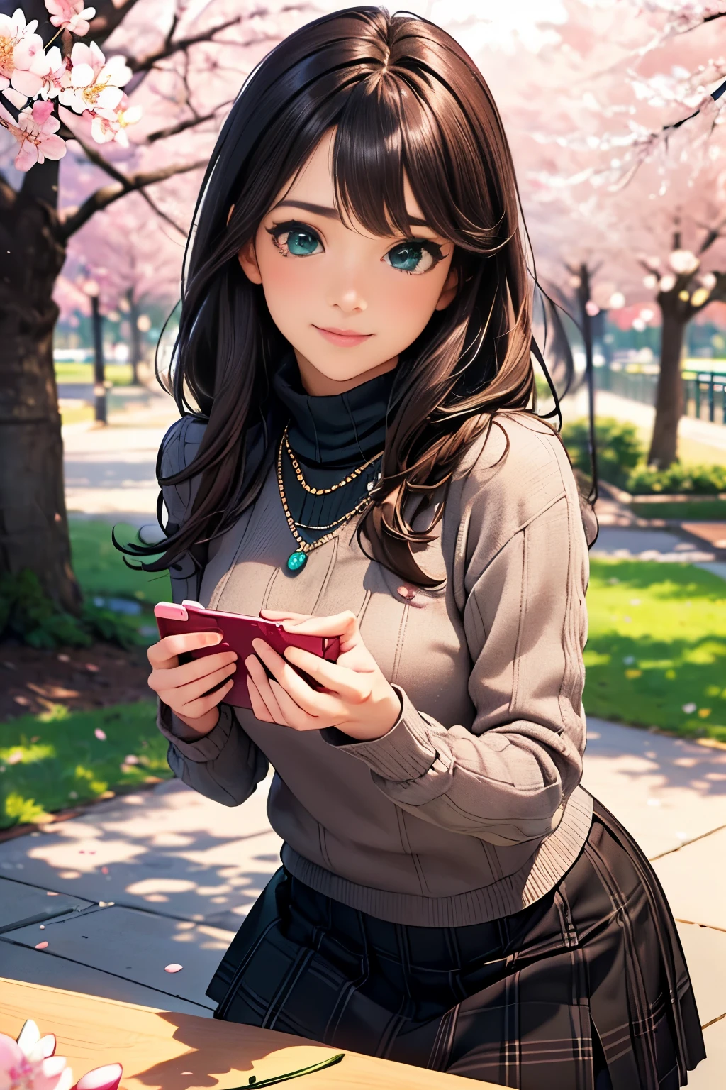 ((table top, highest quality, High resolution, nffsw, perfect pixel, written boundary depth, 4K, nffsw, nffsw))), 1 girl, single, alone, beautiful anime girl, beautiful art style, anime character, ((long hair, bangs, brown hair)), ((green eyes:1.4, round eyes, beautiful eyelashes, realistic eyes)), ((detailed face, blush:1.2)), ((smooth texture:0.75, realistic texture:0.65, realistic:1.1, Anime CG style)),  dynamic angle,  ((throw, Selfie Pose, portrait)), ((Black sweater, long sleeve, black skirt, plaid skirt, Fashionable, 1 diamond necklace)), smile,  amusement park, ((cherry blossoms, cherry blossomsの花が散る))