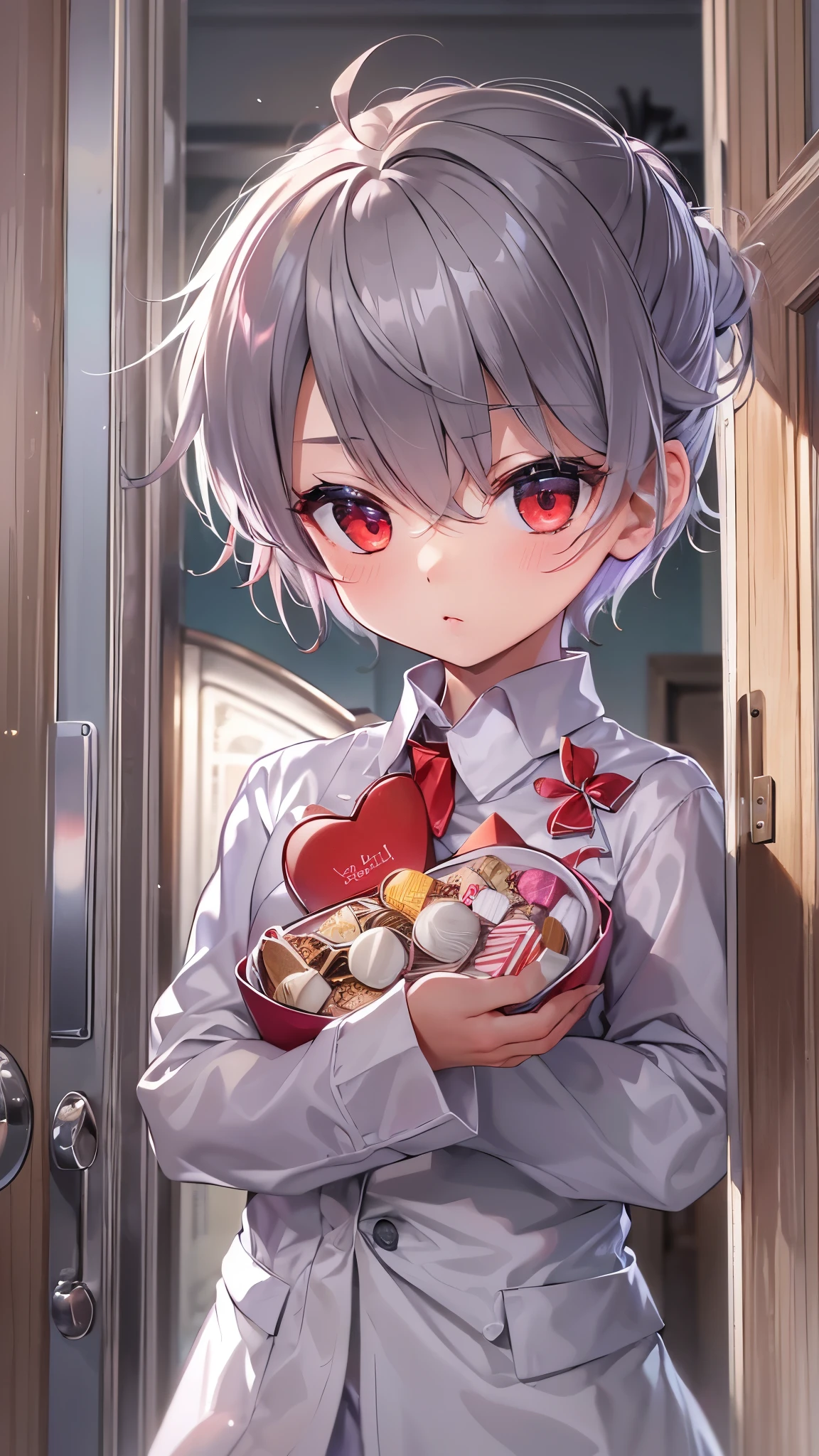(perfect anatomy, masterpiece:1.2, best quality, 8k, beautiful detailed grow, daydreaming expression), break, ((holding Present beautifully wrapped Valentine's Day chocolates)) (solo silver short hair divine girly boy, Stinking red eyes, serious face), in a butler uniform, in the kicking's front door.