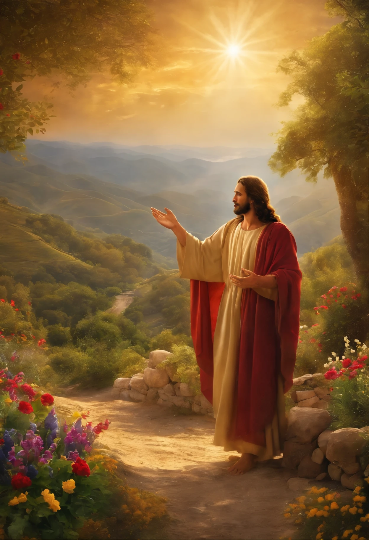 Jesus Christ is portrayed in a scene of generosity and abundance, With your arms wide open, welcoming all who seek him in search of salvation and prosperity. Ao seu redor, uma paisagem exuberante floresce, simbolizando a promessa de vida plena e abundante que ele oferece. Os raios de luz emanam de sua figura, lighting the path of those who follow his message of love and redemption. Em suas palavras, there is the promise of eternal salvation and guidance for a prosperous life, not just in material wealth, but also in inner peace, harmony and spiritual fulfillment.