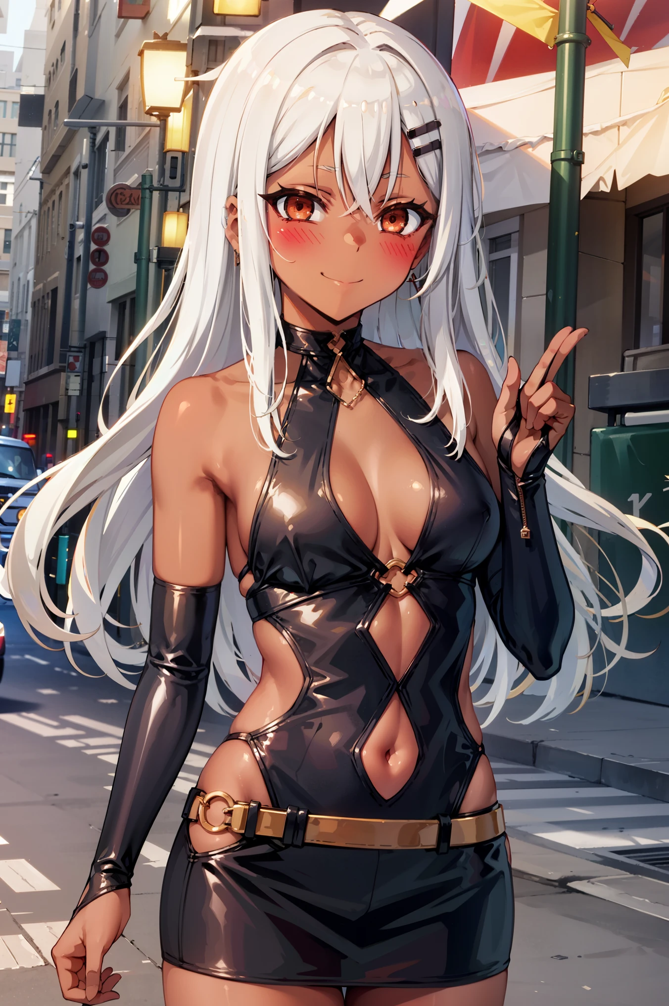 (Eft_Nagatoro_Main), (nagatoro hayase), 1girl, blush, solo, (blonde hair:1.2), bag, brown eyes, hair ornament, looking at viewer, hairclip, outdoors, smirk, long hair, white shirt, dark-skinned female, (dark skin:1.2), (dark-skinned female:1.2), microdress, bodycon, o-rings, miniskirt, waist cutout, bangs, day, collarbone, earclip, bare shoulders, elbow gloves, asymmetrical bangs, upper body, 