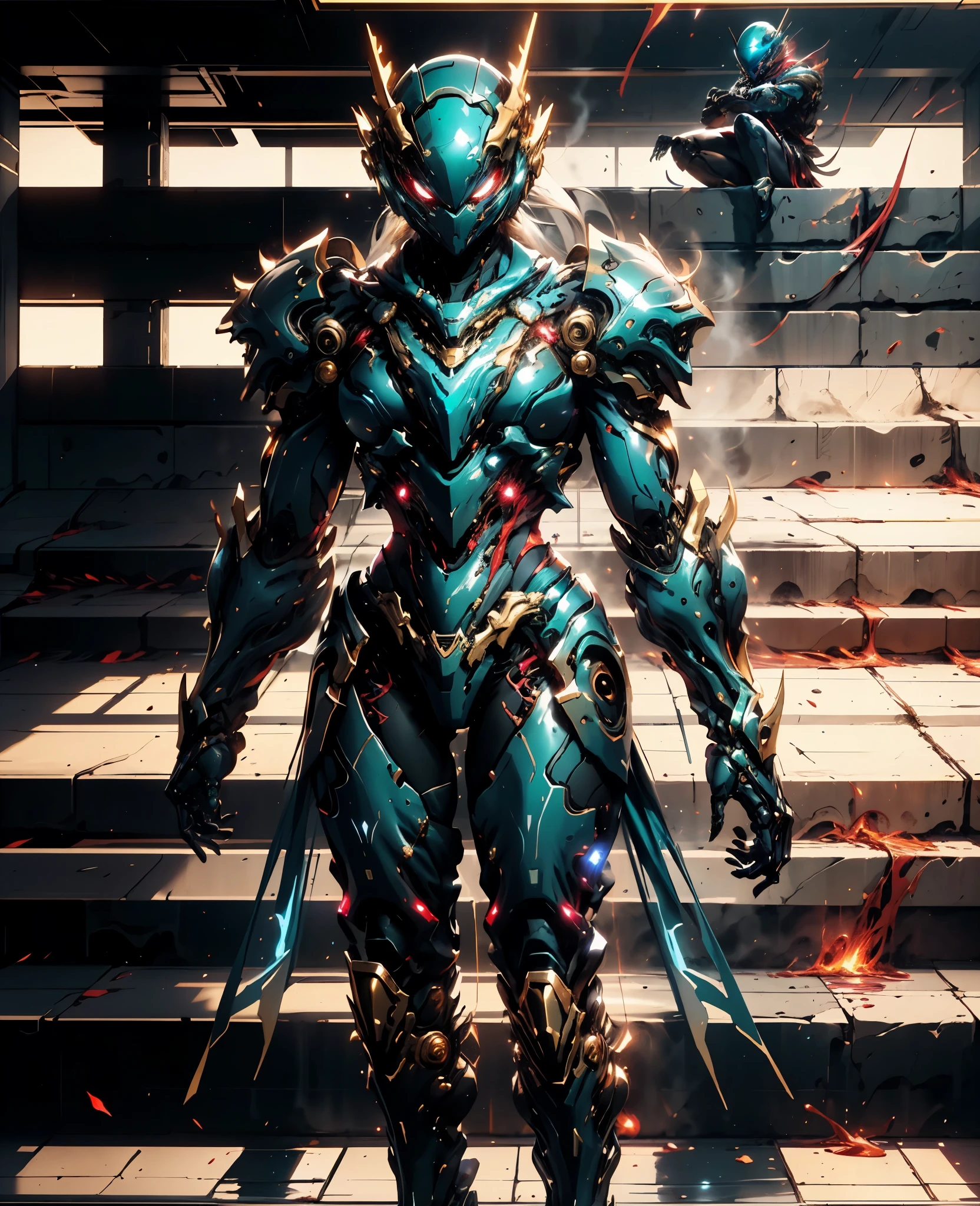 A woman adorned in fantasy-style full-body armor, a crown-concept fully enclosed helmet that unveils only her eyes, a composite layered chest plate, fully encompassing shoulder and hand guards, a lightweight waist armor, form-fitting shin guards, the overall design is heavy-duty yet flexible, (the armor gleams with a golden glow, complemented by red and blue accents), exhibiting a noble aura, she floats above a fantasy-surreal high-tech city, this character embodies a finely crafted fantasy-surreal style armored hero in anime style, exquisite and mature manga art style, (Spider Concept Armor, plasma, blood), ((Element, bio mecha, long legs, elegant, goddess, femminine:1.5)), metallic, high definition, best quality, highres, ultra-detailed, ultra-fine painting, extremely delicate, professional, anatomically correct, symmetrical face, extremely detailed eyes and face, high quality eyes, creativity, RAW photo, UHD, 32k, Natural light, cinematic lighting, masterpiece-anatomy-perfect, masterpiece:1.5