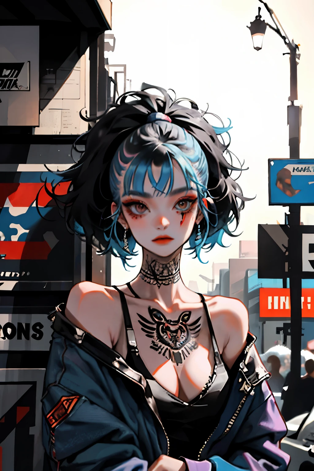 (masterpiece: 1.2, best quality), (real picture, intricate details), (1lady, solo, upper body, big tits) Clothing: sharp, stylish, cool, fashionable, non-standard, avant-garde, experimental Appearance: shaved head or bold hair color, spectacular makeup, unconventional fashion choices, tattoos on the arms Behavior: rebellious, non-conformist, provocative Venue: Urban Art District, Underground Music Scene Hobbies: attending punk shows, creating art in mixed media, experimenting with different subcultures Values: individuality, authenticity, creative expression Sources of inspiration: punk rock, counterculture icons, avant-garde art movements Character traits: bold, daring, non-standard.