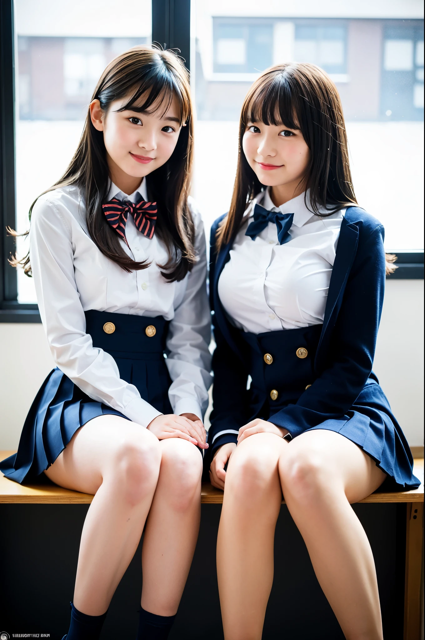 2 girls in classroom near window,navy blue blazer,white shirt with red bow tie,navy blue pleated skirt,navy blue knee-high socks,18-year-old,bangs,a little smile,thighs,knees,straight hair with barrette,from below,front-light