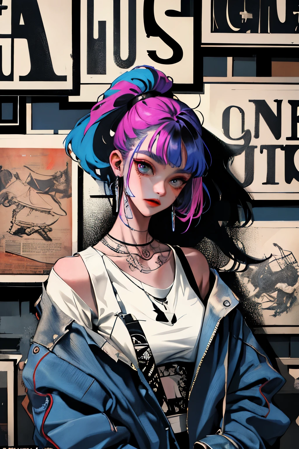 (masterpiece: 1.2, best quality), (real picture, intricate details), (1lady, solo, upper body, big tits) Clothing: sharp, stylish, cool, fashionable, non-standard, avant-garde, experimental Appearance: shaved head or bold hair color, spectacular makeup, unconventional fashion choices, tattoos on the arms Behavior: rebellious, non-conformist, provocative Venue: Urban Art District, Underground Music Scene Hobbies: attending punk shows, creating art in mixed media, experimenting with different subcultures Values: individuality, authenticity, creative expression Sources of inspiration: punk rock, counterculture icons, avant-garde art movements Character traits: bold, daring, non-standard.