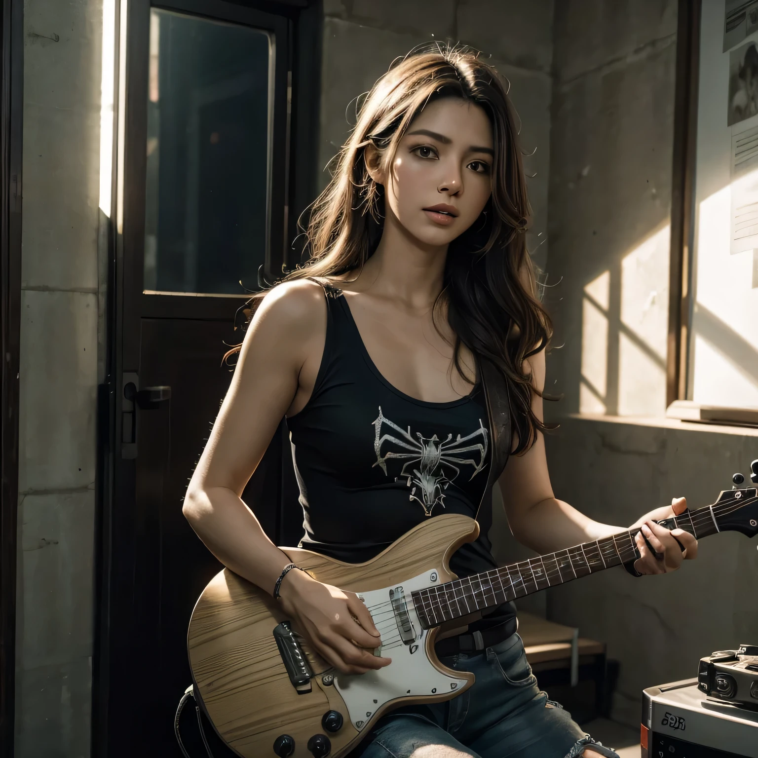 (Foto RAW, melhor qualidade), (realista, foto-realista: 1.3), ultra realistic illustration, sienna natural proportion, motor irreal 5, 4k, (HDR10:1.3), cores vibrantes, (cores suaves, cores escuras, tons suaves: 0), (volumetric lighting), detalhes e texturas requintados, cinematic photo, tom quente, (brilhante e intenso: 1.2), f/1.8 apperture, ISO 800, cowboy tiro acima da cintura, por Ben11, olhando para o espectador, 20yo , (solo), esposa do vizinho sexy, kawaii, linda [canadense: americana: 0.5] , belos seios, Spirited Spider-Woman and dynamic drummer, abrigando sagacidade afiada, bravura e vulnerabilidade sob uma fachada loira platinada; an interdimensional hero in debt, melhor qualidade, detalhes surpreendentes, raios de deus, iridescente, 8k octane render UHD