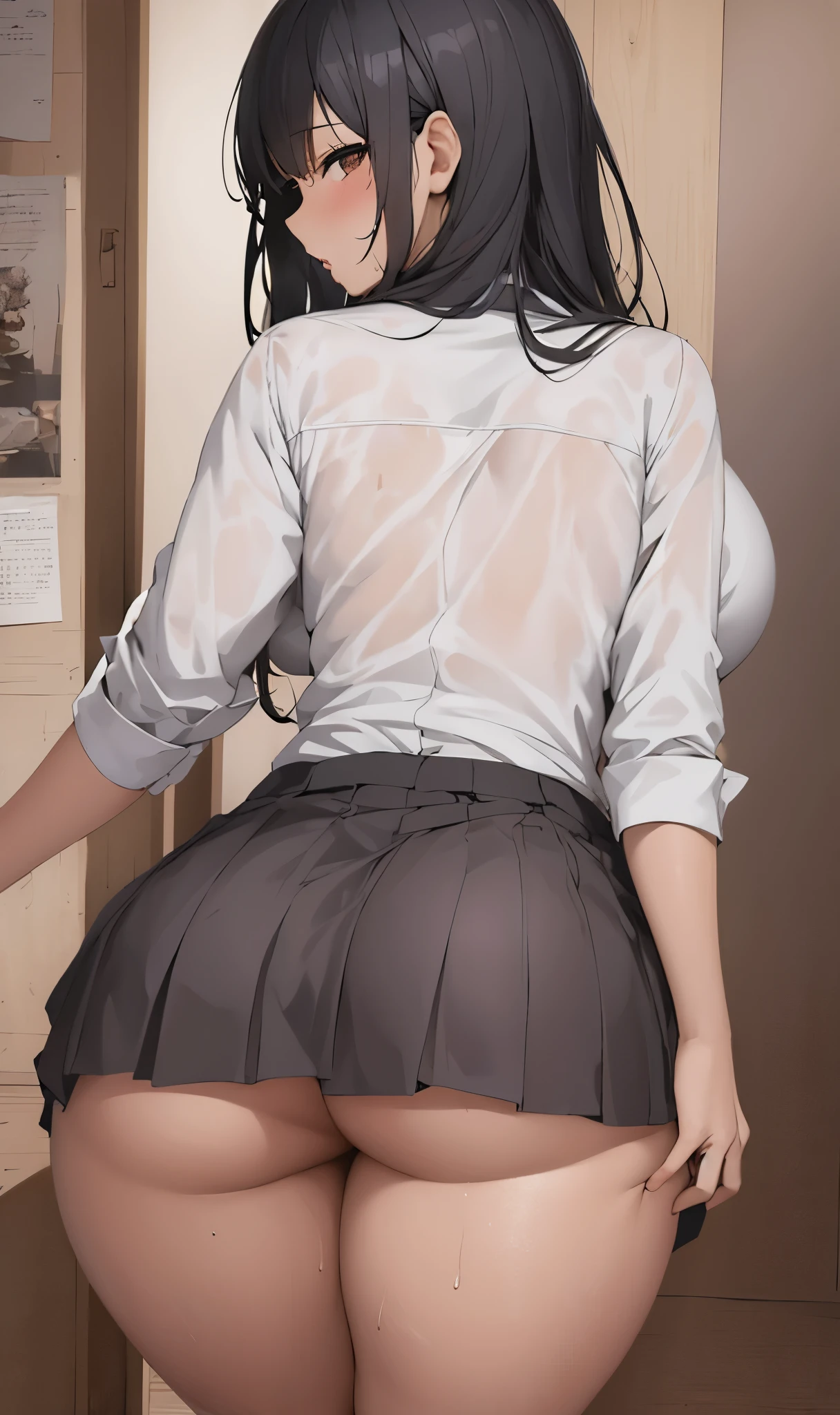 seductive anime girl, [ 4 k digital art ]!!,ultra realistic picture, overdetailed art, 8k high quality detailed art,curvy tanned gyaru,dress shirt,short pleated skirt,black hair,(tanned skin:1.2),dirty loose socks,(sweaty),back shot,from behind,close up,huge buttocks,lower body,(ass grab),pov,cute frilled undies