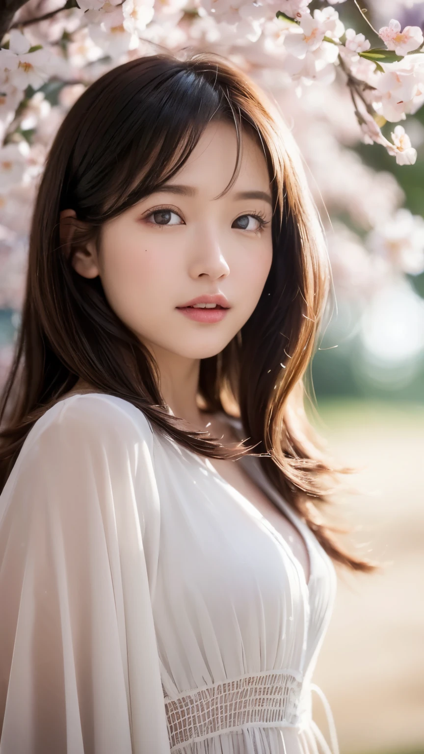 (A logo、masterpiece、8K、masutepiece、Raw photo、Fantastic、Best Quality、フォトリアリスティックでighly detailedな CG 統合 8k 壁紙、hightquality、ighly detailed、epic poem、Particle effect、Dynamic effects、depth of fields、Cinematic Light、Lens Flare、Ray tracing)、Fantasia、 (Beauty 1 person、doress、Dress、Cherry blossom pattern、A dark-haired、Beautiful face、Real Face、beautiful details eyes beautiful skin)、髪がthe windで踊る、Hair flutters in the wind、Hair jumps、Pink cherry blossom tree、Petals flutter、Sakura blizzard、Superb view、morning glow、Sun in the background、the wind、