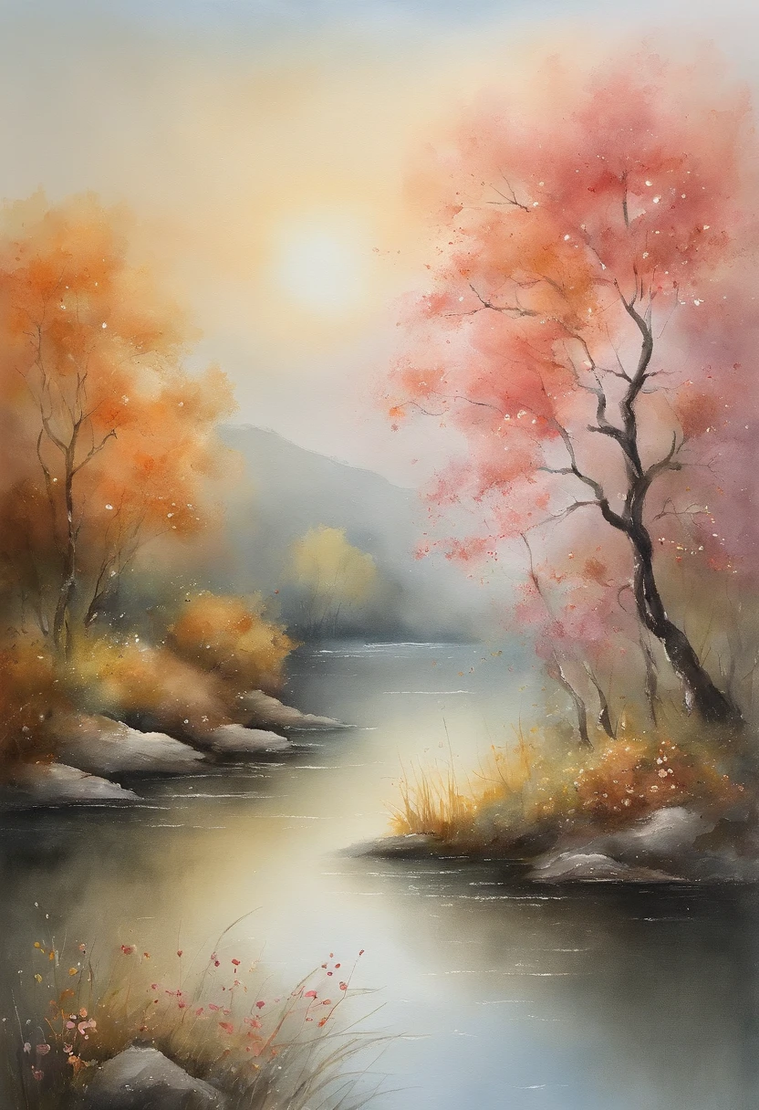 「天空、pastels、Like drawn with crayons、」hightquality、Delicate painting、Soft shades、Gentle light、landscapes、Soft touch、Blur effect、Beautiful clouds in the sky、nature trees々、elegant flowers、Gentle breeze、Nostalgic atmosphere。