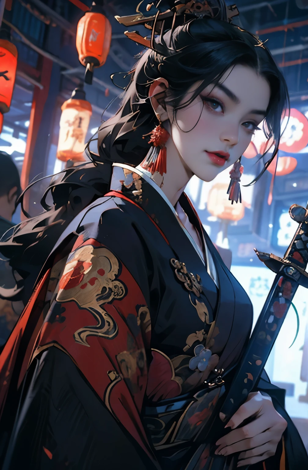 beautiful demon painting, Demon woman with a Japanese sword, Demon woman with a Japanese sword, strong female samurai, A skilled swordsman, female bodyguard, 2book corner, mouth with fangs, Eyes without pupils, gambling, Kumatori, Hyakka Ryōran, Flower of Shura, Looks like he's in his late 20s, beautiful black haired demon, sharp beauty, Beautiful red kimono, Dr. Moonlight, Oiran, highest ranking woman, Ghost Girl, Female Yakuza, Doji Ibaraki, Shuten Douji, Inspired by Chen Yifei, Inspired by Francesco Hayez, Inspired by Hendrik Terbruggen, Jean=Works that influenced Auguste Dominique Ingres, Inspired by Liu Jun, Jean=Works that influenced Auguste Dominique Ingres, highest quality, perfect angle, perfect composition, The perfect subject, best shot, official art, cinematic light, figurative art, Beautiful and expressive paintings, Beautiful artwork illustration, wonderful, cool beauty, clear, Mysterious, highest quality, official art, perfect composition, perfect angle, best shot, women only, sharp outline, pretty much beautiful face, The demon lurking in the darkness of Kyoto, Lord of Chimi-Mourou, A ruthless demon woman, demon queen, Female Yakuza, full body tattoo, wide, Rashomon, SakuraFubuki, Please refrain from, I'll let you die, raid, woman's asura, spirits, Hero, divine power, demon of strength, demon's strength, Unparalleled ferocity, Demon of Vengeance, Shura Road, raid, Good morning?