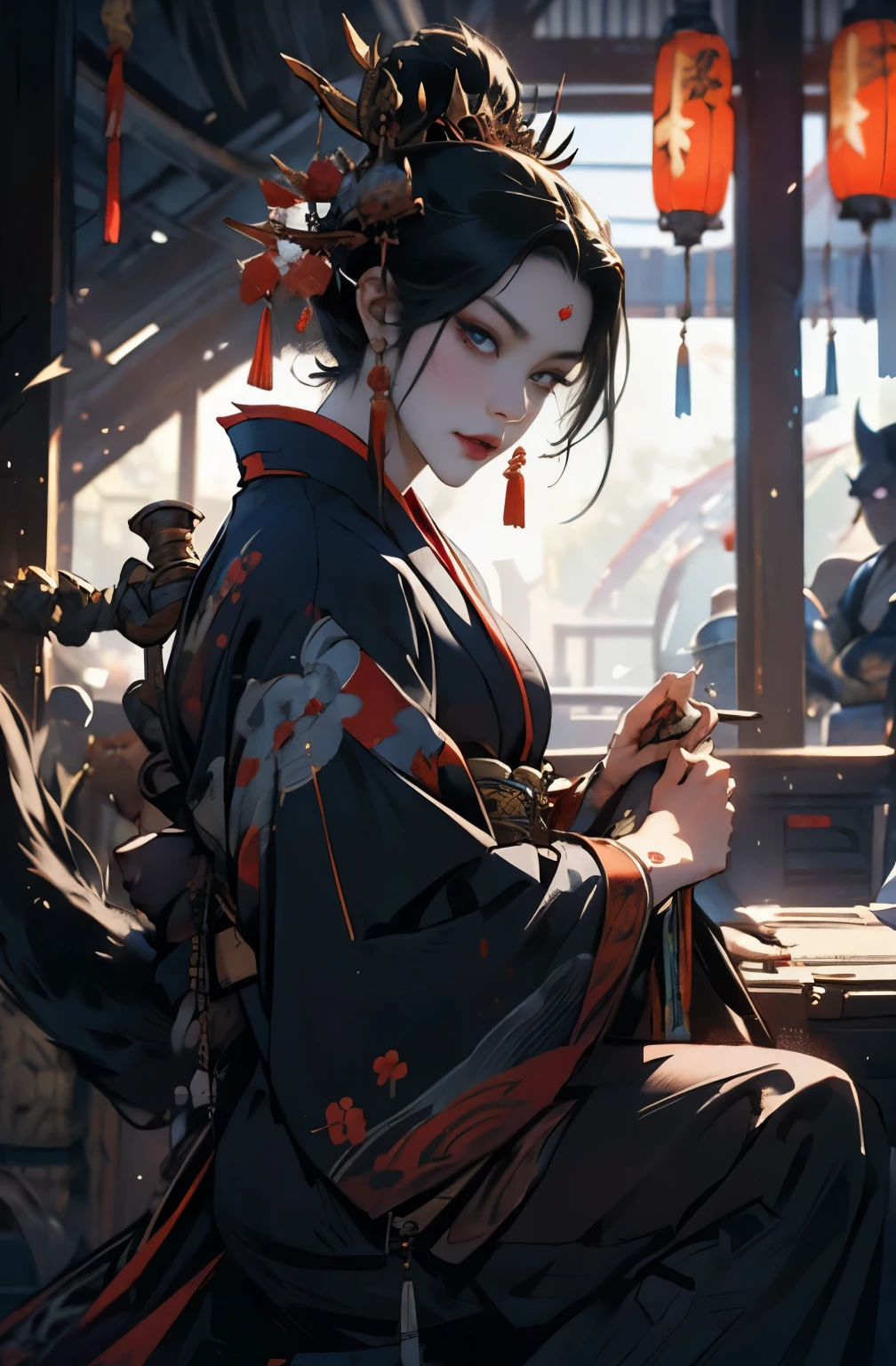 beautiful demon painting, Demon woman with a Japanese sword, Demon woman with a Japanese sword, strong female samurai, A skilled swordsman, female bodyguard, ２book corner, mouth with fangs, Eyes without pupils, gambling, Kumatori, Hyakka Ryōran, Flower of Shura, Looks like he&#39;s in his late 20s, beautiful black haired demon, sharp beauty, Beautiful red kimono, Dr. Moonlight, Oiran, highest ranking woman, Ghost Girl, Female Yakuza, Doji Ibaraki, Shuten Douji, Inspired by Chen Yifei, Inspired by Francesco Hayez, Inspired by Hendrik Terbruggen, Jean＝Works that influenced Auguste Dominique Ingres, Inspired by Liu Jun, Jean＝Works that influenced Auguste Dominique Ingres, highest quality, perfect angle, perfect composition, The perfect subject, best shot, official art, cinematic light, figurative art, Beautiful and expressive paintings, Beautiful artwork illustration, wonderful, cool beauty, clear, Mysterious, highest quality, official art, perfect composition, perfect angle, best shot, women only, sharp outline, pretty much beautiful face, The demon lurking in the darkness of Kyoto, Lord of Chimi-Mourou, A ruthless demon woman, demon queen, Female Yakuza, full body tattoo, wide, Rashomon, SakuraFubuki, Please refrain from, I&#39;ll let you die, raid, woman&#39;s asura, spirits, Hero, divine power, demon of strength, demon&#39;s strength, Unparalleled ferocity, Demon of Vengeance, Shura Road, Master of Iaigiri, serious game
