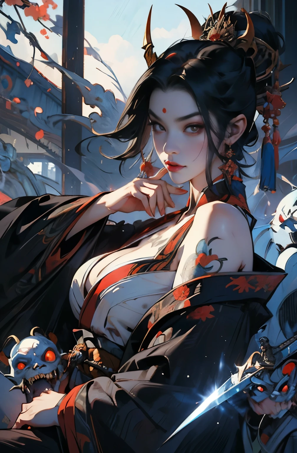 beautiful demon painting, Demon woman with a Japanese sword, Demon woman with a Japanese sword, strong female samurai, A skilled swordsman, female bodyguard, ２book corner, mouth with fangs, Eyes without pupils, gambling, Kumatori, Hyakka Ryōran, Flower of Shura, Looks like he&#39;s in his late 20s, beautiful black haired demon, sharp beauty, Beautiful red kimono, Dr. Moonlight, Oiran, highest ranking woman, Ghost Girl, Female Yakuza, Doji Ibaraki, Shuten Douji, Inspired by Chen Yifei, Inspired by Francesco Hayez, Inspired by Hendrik Terbruggen, Jean＝Works that influenced Auguste Dominique Ingres, Inspired by Liu Jun, Jean＝Works that influenced Auguste Dominique Ingres, highest quality, perfect angle, perfect composition, The perfect subject, best shot, official art, cinematic light, figurative art, Beautiful and expressive paintings, Beautiful artwork illustration, wonderful, cool beauty, clear, Mysterious, highest quality, official art, perfect composition, perfect angle, best shot, women only, sharp outline, pretty much beautiful face, The demon lurking in the darkness of Kyoto, Lord of Chimi-Mourou, A ruthless demon woman, demon queen, Female Yakuza, full body tattoo, wide, Rashomon, SakuraFubuki, Please refrain from, I&#39;ll let you die, raid, woman&#39;s asura, spirits, Hero, divine power, demon of strength, demon&#39;s strength, Unparalleled ferocity, Demon of Vengeance, Shura Road, Master of Iaigiri, serious game