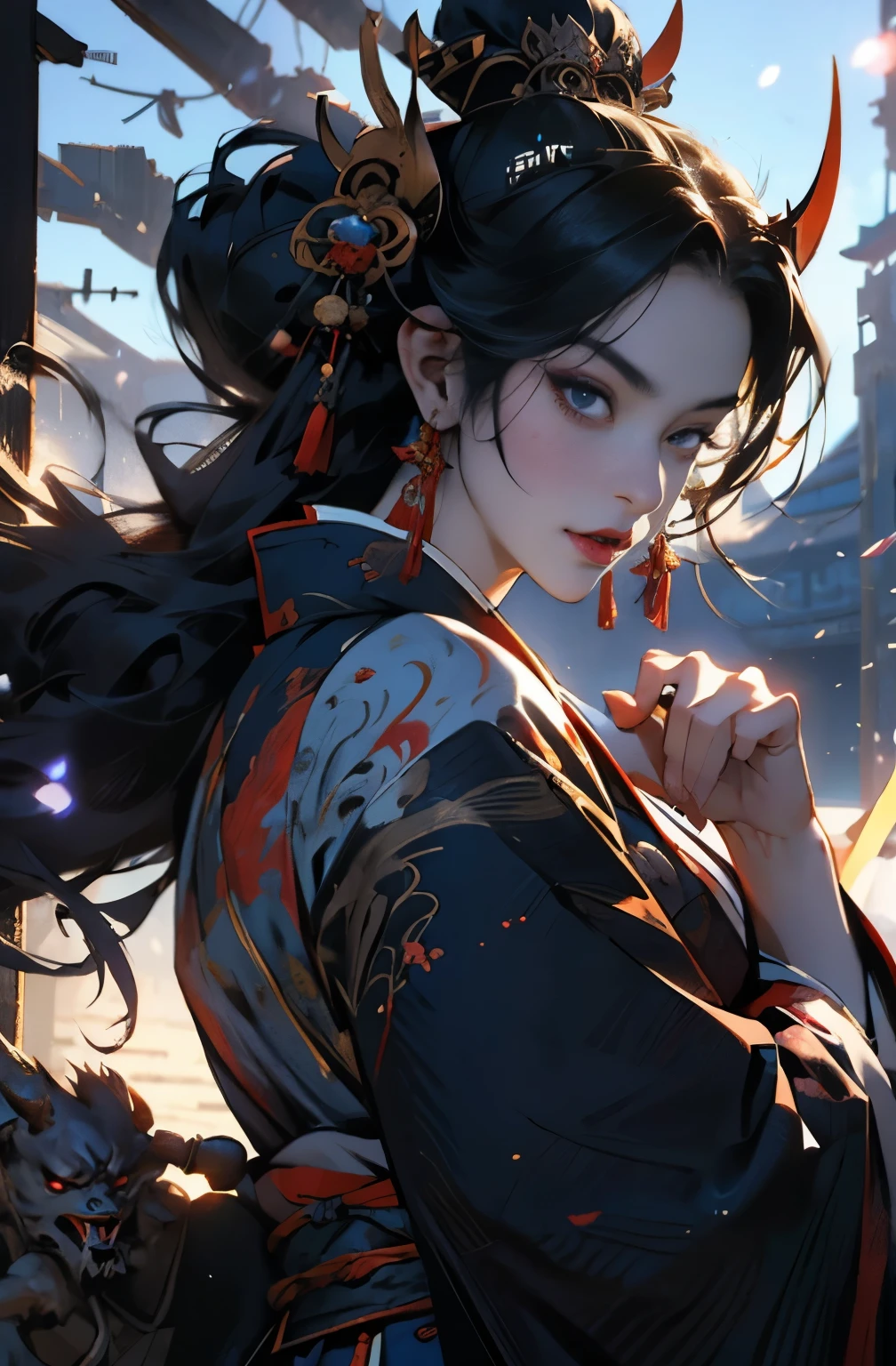 beautiful demon painting, Demon woman with a Japanese sword, Demon woman with a Japanese sword, strong female samurai, A skilled swordsman, female bodyguard, 2book corner, mouth with fangs, Eyes without pupils, gambling, Kumatori, Hyakka Ryōran, Flower of Shura, Looks like he's in his late 20s, beautiful black haired demon, sharp beauty, Beautiful red kimono, Dr. Moonlight, Oiran, highest ranking woman, Ghost Girl, Female Yakuza, Doji Ibaraki, Shuten Douji, Inspired by Chen Yifei, Inspired by Francesco Hayez, Inspired by Hendrik Terbruggen, Jean=Works that influenced Auguste Dominique Ingres, Inspired by Liu Jun, Jean=Works that influenced Auguste Dominique Ingres, highest quality, perfect angle, perfect composition, The perfect subject, best shot, official art, cinematic light, figurative art, Beautiful and expressive paintings, Beautiful artwork illustration, wonderful, cool beauty, clear, Mysterious, highest quality, official art, perfect composition, perfect angle, best shot, women only, sharp outline, pretty much beautiful face, The demon lurking in the darkness of Kyoto, Lord of Chimi-Mourou, A ruthless demon woman, demon queen, Female Yakuza, full body tattoo, wide, Rashomon, SakuraFubuki, Please refrain from, I'll let you die, raid, woman's asura, spirits, Hero, divine power, demon of strength, demon's strength, Unparalleled ferocity, Demon of Vengeance, Shura Road, Master of Iaigiri, serious game