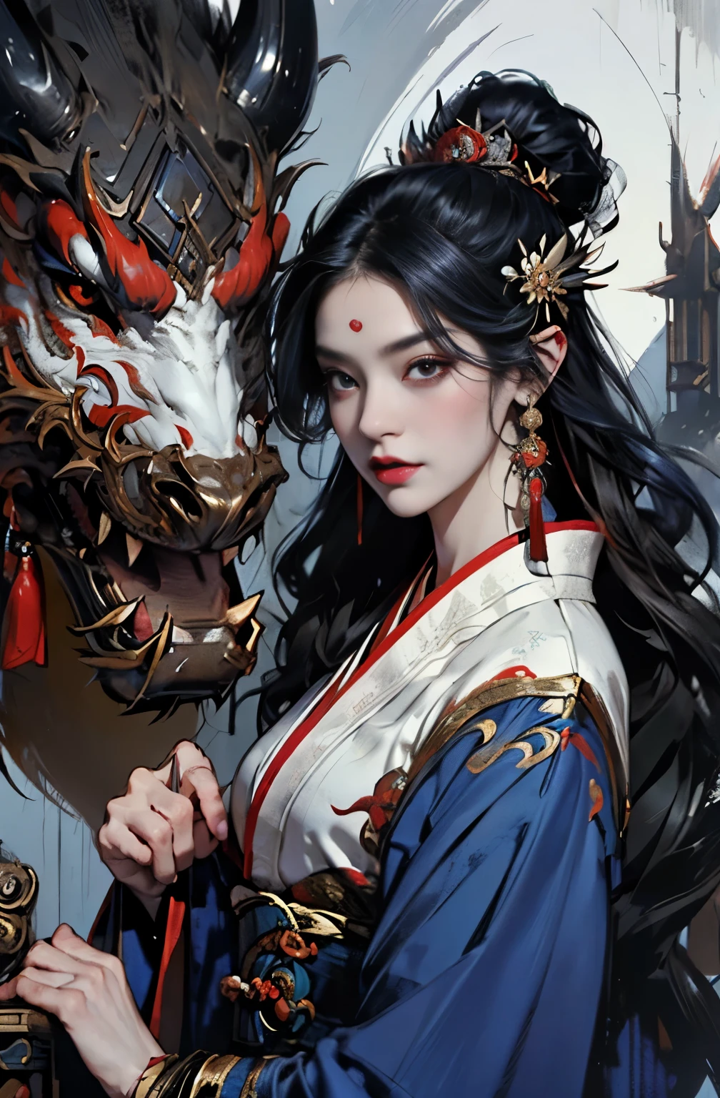 DragonCute, 1girl, smile, blue_eyes, black_hair, hair_ornament, flower, japanese_clothes, horns, hair_flower, kimono, sash, obi, new_year, dragon, eastern_dragon
<lora:DragonCute-000004:0.7>, ultra realistic,32k,RAW photo,(high detailed skin:1.2), 8k uhd, dslr, soft lighting, high quality, film grain