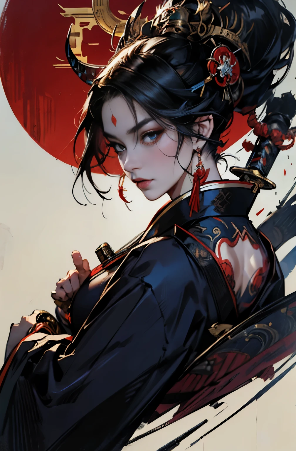 beautiful demon painting, Japanese swordを持った鬼の女, Japanese swordを振りかぶる鬼の女, Youki, queen of the red light district, fairy queen, Glossy appearance, strong female samurai, Japanese sword, Japanese sword, 抜身のJapanese sword, 長いJapanese sword, Japanese sword, Japanese sword, White blade, A skilled swordsman, female bodyguard, demon samurai, 2book corner, mouth with fangs, Eyes without pupils, gambling, Kumatori, Hyakka Ryōran, Flower of Shura, Looks like he's in his late 20s, beautiful black haired demon, sharp beauty, Beautiful red kimono, Dr. Moonlight, Oiran, highest ranking woman, Ghost Girl, Female Yakuza, Doji Ibaraki, Shuten Douji, Inspired by Chen Yifei, Inspired by Francesco Hayez, Inspired by Hendrik Terbruggen, Jean=Works that influenced Auguste Dominique Ingres, Inspired by Liu Jun, Jean=Works that influenced Auguste Dominique Ingres, highest quality, perfect angle, perfect composition, The perfect subject, best shot, official art, cinematic light, figurative art, Beautiful and expressive paintings, Beautiful artwork illustration, wonderful, cool beauty, clear, Mysterious, highest quality, official art, perfect composition, perfect angle, best shot, women only, sharp outline, pretty much beautiful face, The demon lurking in the darkness of Kyoto, Lord of Chimi-Mourou, A ruthless demon woman, demon queen, Female Yakuza, full body tattoo, wide, Rashomon, SakuraFubuki, Please refrain from, I'll let you die, raid, Unrivaled strength, A woman walking the path of resentment, revenge, Resentment, curse, demon