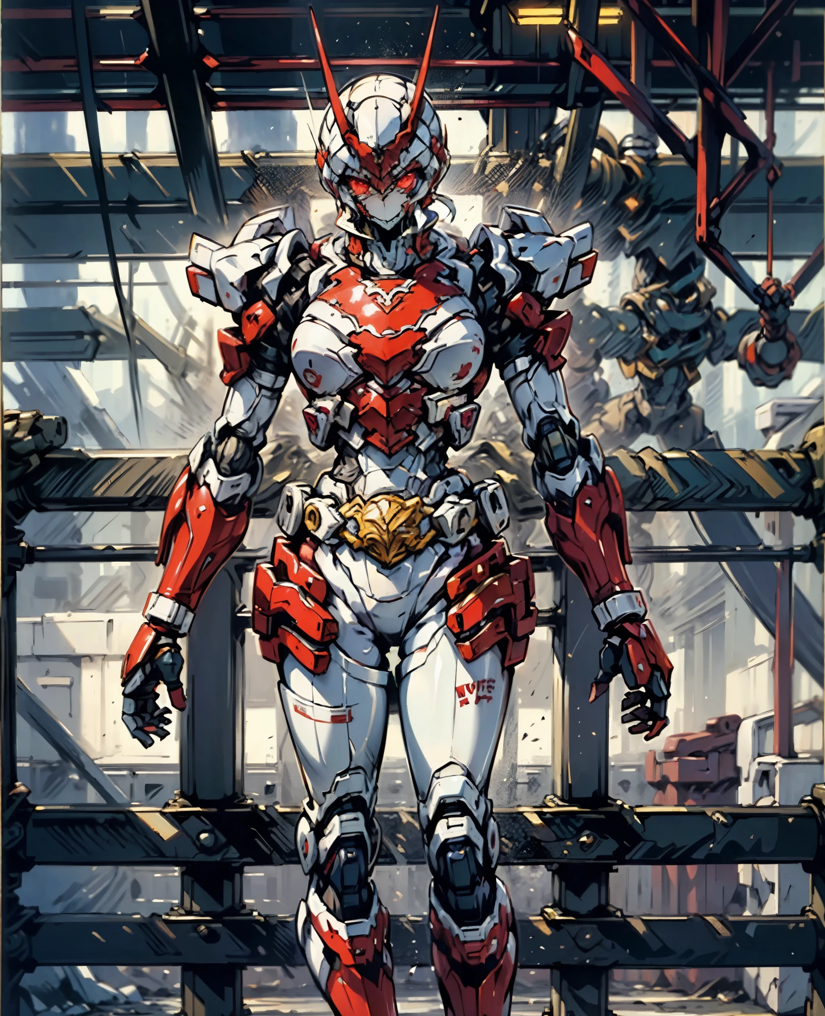 A woman adorned in fantasy-style full-body armor, a crown-concept fully enclosed helmet that unveils only her eyes, a composite layered chest plate, fully encompassing shoulder and hand guards, a lightweight waist armor, form-fitting shin guards, the overall design is heavy-duty yet flexible, (the armor gleams with a golden glow, complemented by red and blue accents), exhibiting a noble aura, she floats above a fantasy-surreal high-tech city, this character embodies a finely crafted fantasy-surreal style armored hero in anime style, exquisite and mature manga art style, (Spider Concept Armor, plasma, blood), ((Element, bio mecha, long legs, elegant, goddess, femminine:1.5)), metallic, high definition, best quality, highres, ultra-detailed, ultra-fine painting, extremely delicate, professional, anatomically correct, symmetrical face, extremely detailed eyes and face, high quality eyes, creativity, RAW photo, UHD, 32k, Natural light, cinematic lighting, masterpiece-anatomy-perfect, masterpiece:1.5