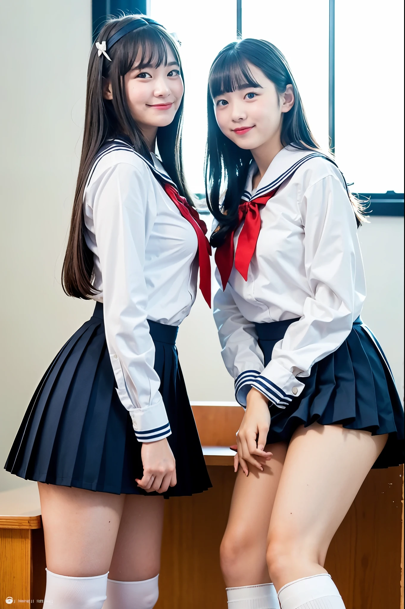 2 girls in classroom near window,long-sleeved white sailor shirt with red bow tie,navy blue pleated skirt,white knee-high socks,18-year-old,bangs,a little smile,thighs,knees,straight hair with barrette,from below,front-light