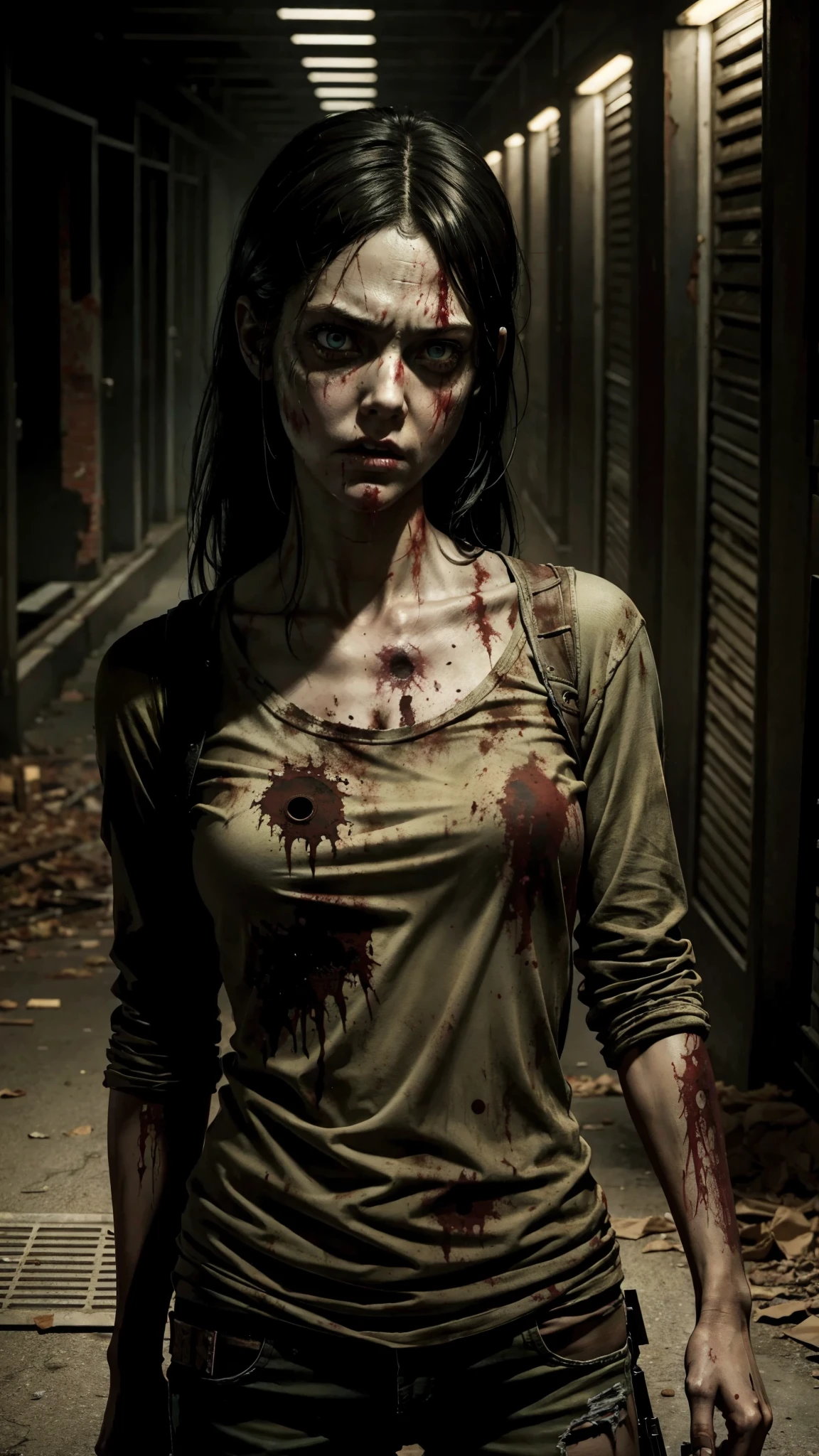 a zombie girl, The Walking Dead series style, extremely detailed and realistic, always repeating the same face, always repeating the same appearance, always repeating the same proportions, always repeating the same clothes, always repeating the same marks and wounds on the skin, alone , full body