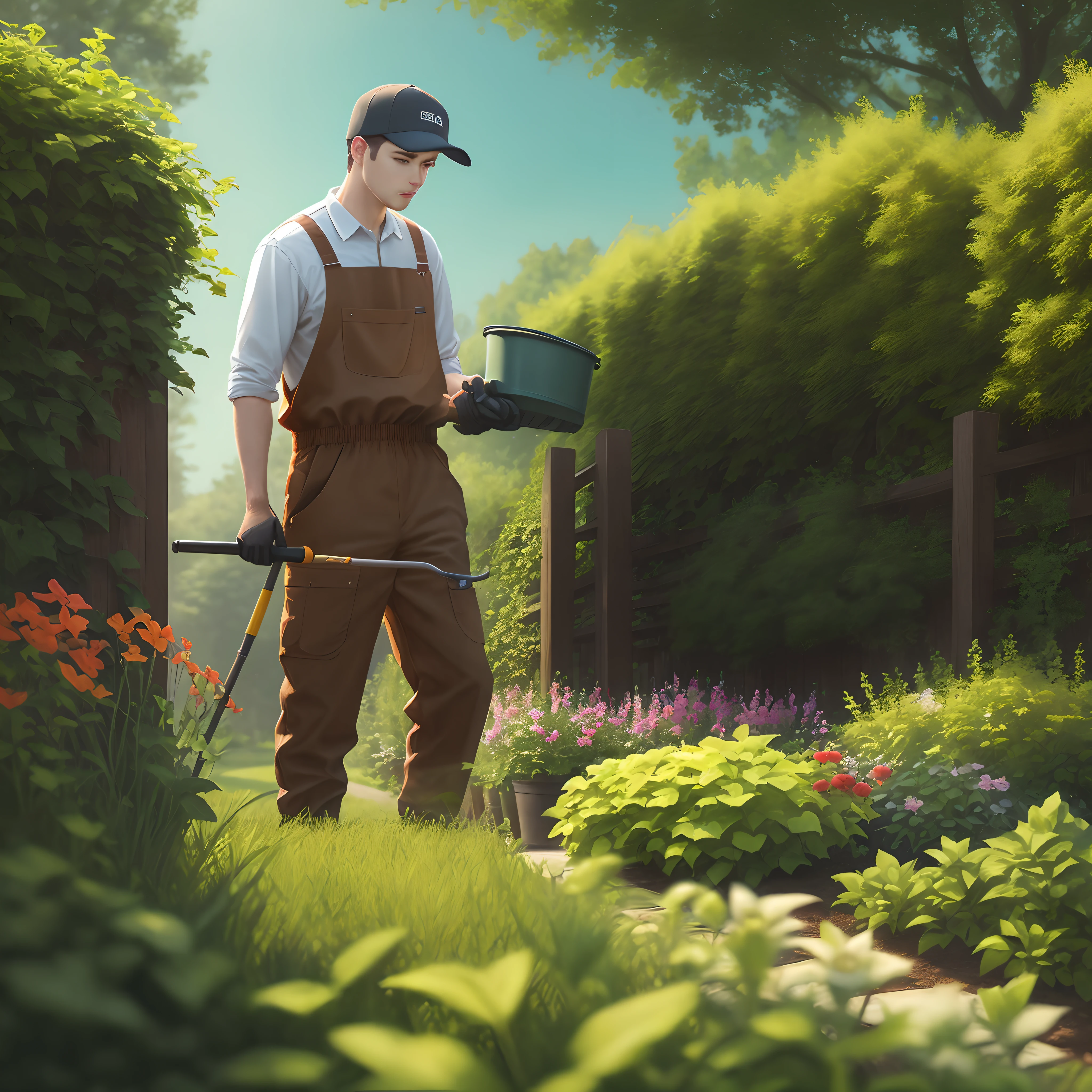 Create an image with a green background and garden workers
