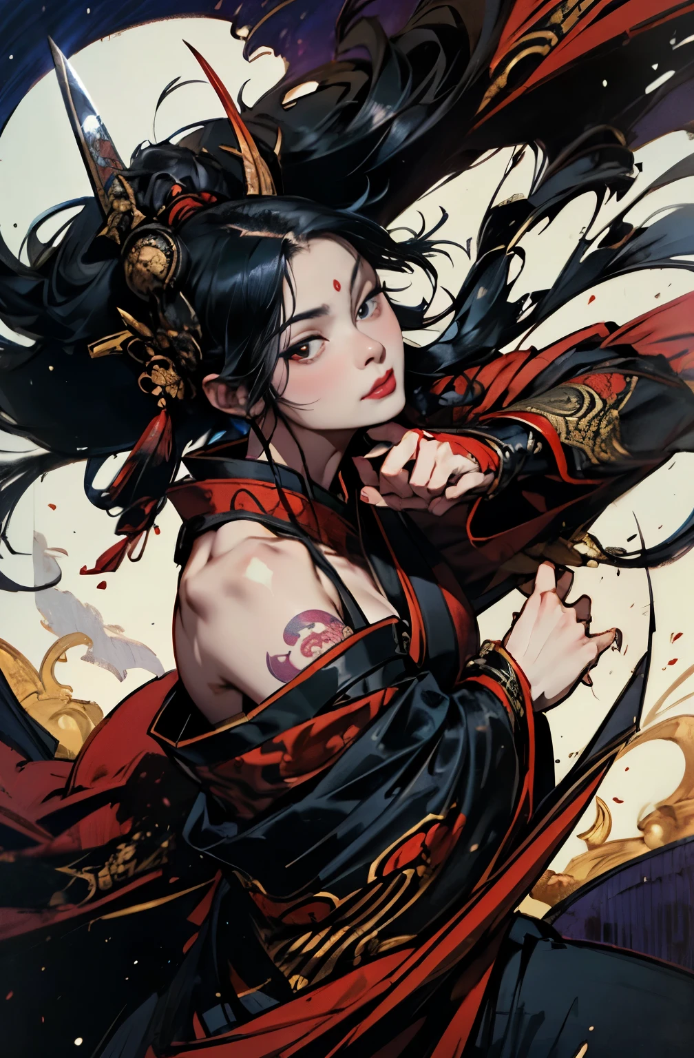 beautiful demon painting, Japanese swordを持った鬼の女, Japanese swordを振りかぶる鬼の女, Youki, fairy queen, Glossy appearance, strong female samurai, Japanese sword, Japanese sword, 抜身のJapanese sword, 長いJapanese sword, Japanese sword, Japanese sword, A skilled swordsman, female bodyguard, demon samurai, 2book corner, mouth with fangs, Eyes without pupils, gambling, Kumatori, Hyakka Ryōran, Flower of Shura, Looks like he's in his late 20s, beautiful black haired demon, sharp beauty, Beautiful red kimono, Dr. Moonlight, Oiran, highest ranking woman, Ghost Girl, Female Yakuza, Doji Ibaraki, Shuten Douji, Inspired by Chen Yifei, Inspired by Francesco Hayez, Inspired by Hendrik Terbruggen, Jean=Works that influenced Auguste Dominique Ingres, Inspired by Liu Jun, Jean=Works that influenced Auguste Dominique Ingres, highest quality, perfect angle, perfect composition, The perfect subject, best shot, official art, cinematic light, figurative art, Beautiful and expressive paintings, Beautiful artwork illustration, wonderful, cool beauty, clear, Mysterious, highest quality, official art, perfect composition, perfect angle, best shot, women only, sharp outline, pretty much beautiful face, The demon lurking in the darkness of Kyoto, Lord of Chimi-Mourou, A ruthless demon woman, demon queen, Female Yakuza, full body tattoo, wide, Rashomon, SakuraFubuki, Please refrain from, I'll let you die, raid, Unrivaled strength, demon of strength, divine power, demon's strength, Japanese sword, Japanese sword, Japanese sword