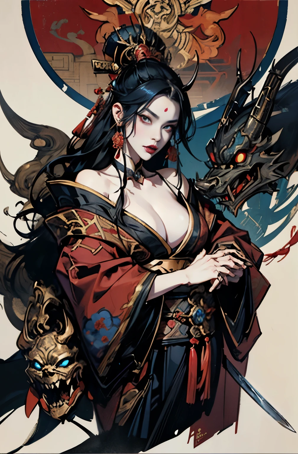 beautiful demon painting, Japanese swordを持った鬼の女, Japanese swordを振りかぶる鬼の女, Youki, fairy queen, Glossy appearance, strong female samurai, Japanese sword, Japanese sword, 抜身のJapanese sword, 長いJapanese sword, Japanese sword, Japanese sword, A skilled swordsman, female bodyguard, demon samurai, 2book corner, mouth with fangs, Eyes without pupils, gambling, Kumatori, Hyakka Ryōran, Flower of Shura, Looks like he's in his late 20s, beautiful black haired demon, sharp beauty, Beautiful red kimono, Dr. Moonlight, Oiran, highest ranking woman, Ghost Girl, Female Yakuza, Doji Ibaraki, Shuten Douji, Inspired by Chen Yifei, Inspired by Francesco Hayez, Inspired by Hendrik Terbruggen, Jean=Works that influenced Auguste Dominique Ingres, Inspired by Liu Jun, Jean=Works that influenced Auguste Dominique Ingres, highest quality, perfect angle, perfect composition, The perfect subject, best shot, official art, cinematic light, figurative art, Beautiful and expressive paintings, Beautiful artwork illustration, wonderful, cool beauty, clear, Mysterious, highest quality, official art, perfect composition, perfect angle, best shot, women only, sharp outline, pretty much beautiful face, The demon lurking in the darkness of Kyoto, Lord of Chimi-Mourou, A ruthless demon woman, demon queen, Female Yakuza, full body tattoo, wide, Rashomon, SakuraFubuki, Please refrain from, I'll let you die, raid, Unrivaled strength, demon of strength, divine power, demon's strength, Japanese sword, Japanese sword, Japanese sword