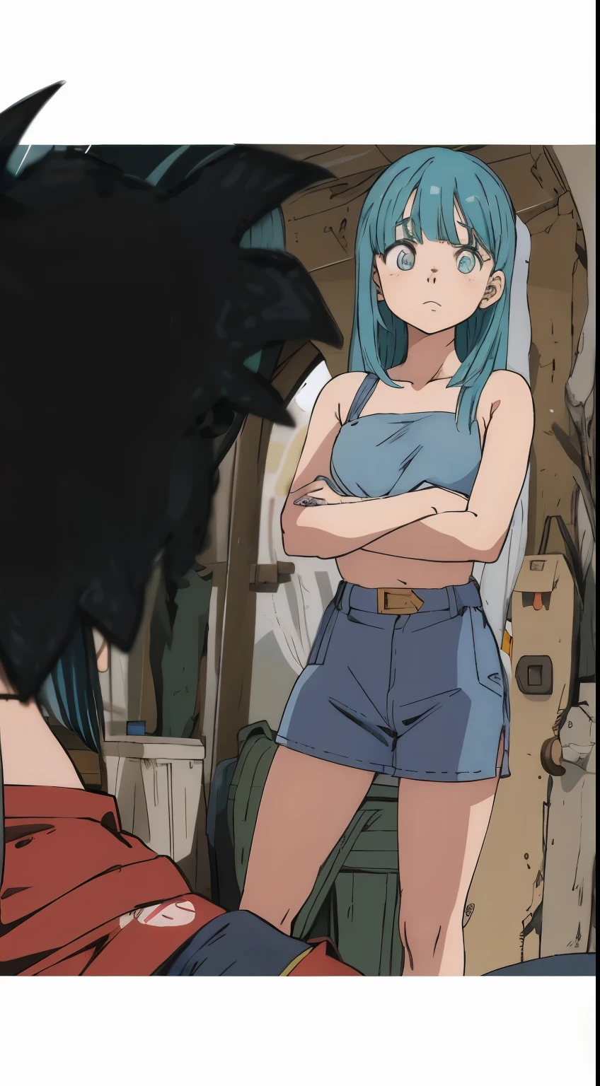 anime girl with blue hair and blue shorts standing in front of a man, Bulma de Dragon Ball, corpo perfeito, sad expression, olhos tristes, Anime girl with teal hair, anime cel shaded, arte oficial, colorful drawing anime manga panel, desenho colorido de alta qualidade, color manga scan, cel - estilo de arte sombreado, totalmente colorido, mulher de cabelo azul curto, Estilo no estilo anime ghibli, the anime girl is squatting