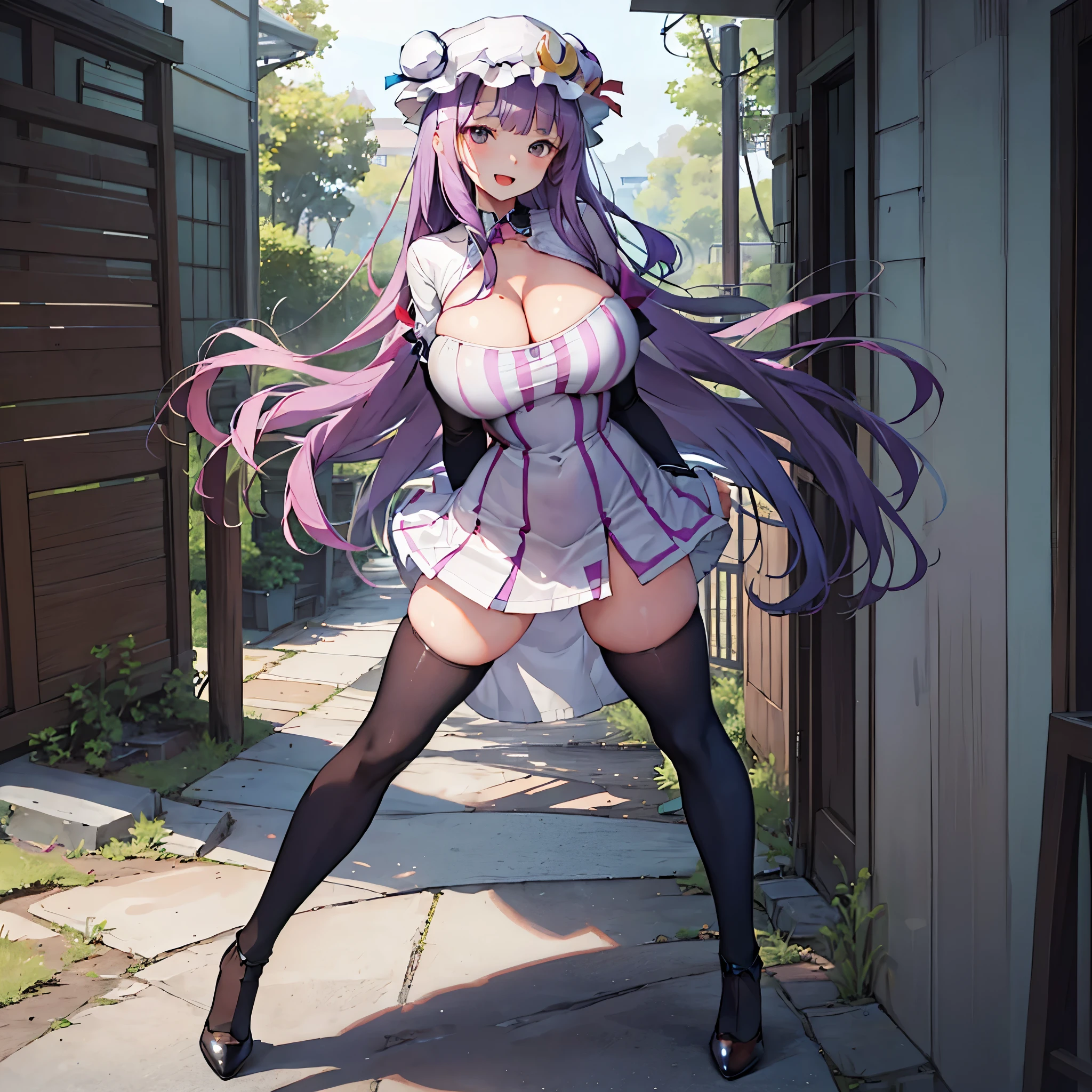 (Patchouli toho character), (standing at lakeside forest), outside, (standing with open legs wide:1.6), (arms behind back), (bending back), tiptoe, pigeon toed, BREAK, (disproportionately gigantic huge breasts:1.2), cleavage, inconceivably thin waist, very short torso, (thin long legs apart:1.23, BREAK, very short miniskirt, thigh gap, (black thighhighs:1.2), highheels, BREAK, smile for viewer, open mouth, nose blush, full body, (pussy juice)