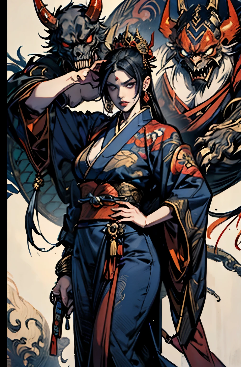 beautiful demon painting, Japanese swordを持った鬼の女, Japanese swordを振りかぶる鬼の女, strong female samurai, Japanese sword, Japanese sword, 抜身のJapanese sword, 長いJapanese sword, Japanese sword, Japanese sword, A skilled swordsman, female bodyguard, demon samurai, 2book corner, mouth with fangs, Eyes without pupils, gambling, Kumatori, Hyakka Ryōran, Flower of Shura, Looks like he's in his late 20s, beautiful black haired demon, sharp beauty, Beautiful red kimono, Dr. Moonlight, Oiran, highest ranking woman, Ghost Girl, Female Yakuza, Doji Ibaraki, Shuten Douji, Inspired by Chen Yifei, Inspired by Francesco Hayez, Inspired by Hendrik Terbruggen, Jean=Works that influenced Auguste Dominique Ingres, Inspired by Liu Jun, Jean=Works that influenced Auguste Dominique Ingres, highest quality, perfect angle, perfect composition, The perfect subject, best shot, official art, cinematic light, figurative art, Beautiful and expressive paintings, Beautiful artwork illustration, wonderful, cool beauty, clear, Mysterious, highest quality, official art, perfect composition, perfect angle, best shot, women only, sharp outline, pretty much beautiful face, The demon lurking in the darkness of Kyoto, Lord of Chimi-Mourou, A ruthless demon woman, demon queen, Female Yakuza, full body tattoo, wide, Rashomon, SakuraFubuki, Please refrain from, I'll let you die, raid, Unrivaled strength, demon of strength, divine power, demon's strength, Japanese sword, Japanese sword, Japanese sword