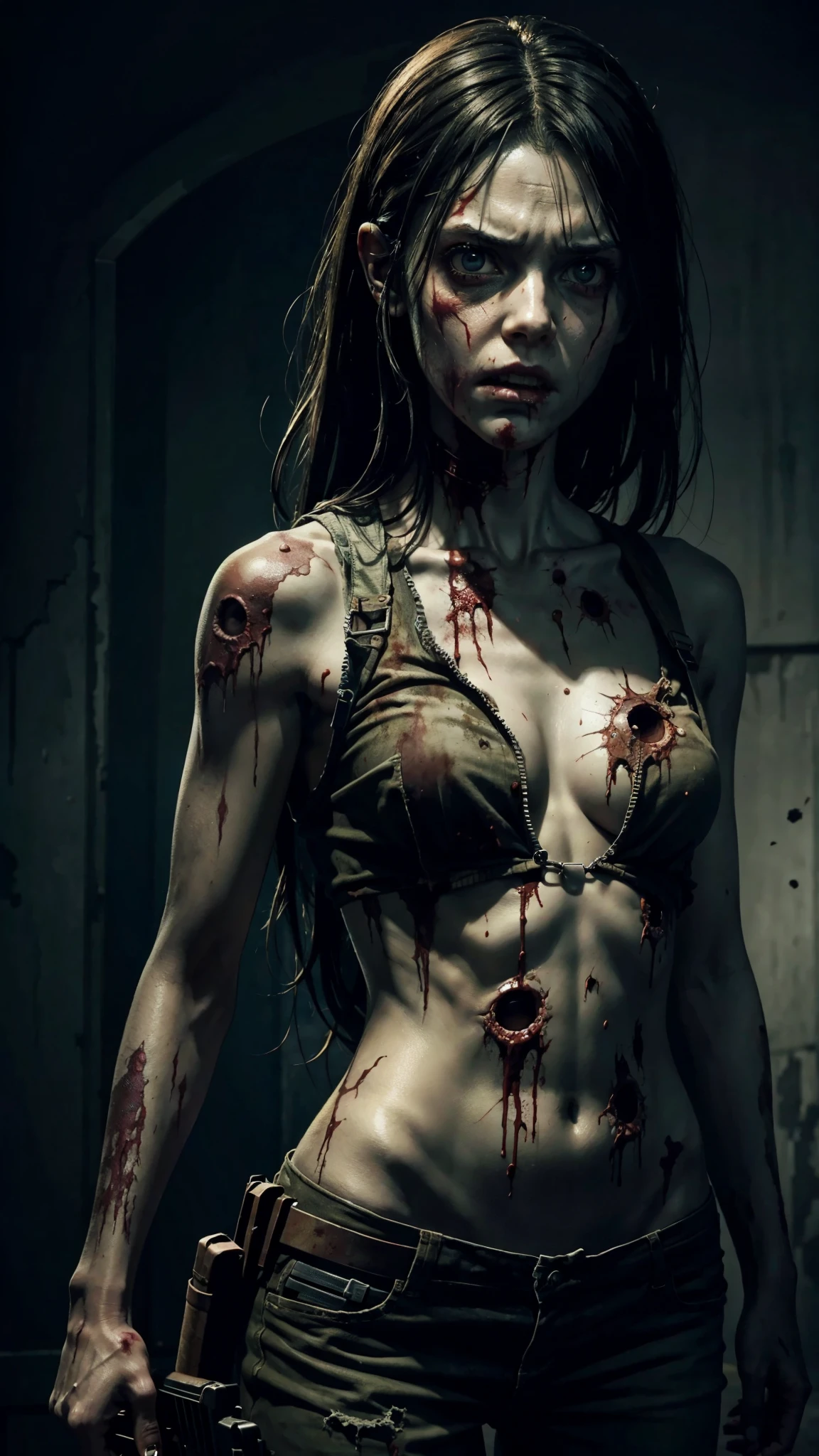 a zombie girl, The Walking Dead series style, extremely detailed and realistic, always repeating the same face, always repeating the same appearance, always repeating the same proportions, always repeating the same clothes, always repeating the same marks and wounds on the skin, alone , full body, front lighting